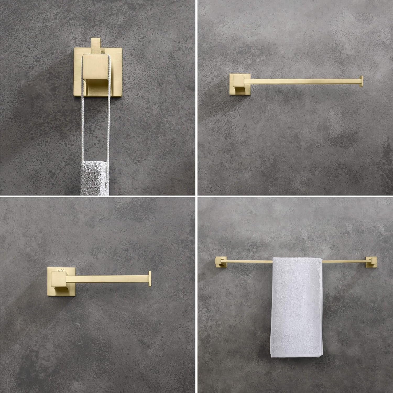 KIBI Cube – Juego de accesorios de baño de 5 piezas  Toallero, anillo para toallas, soportes para papel higiénico, ganchos para bata (oro cepillado)