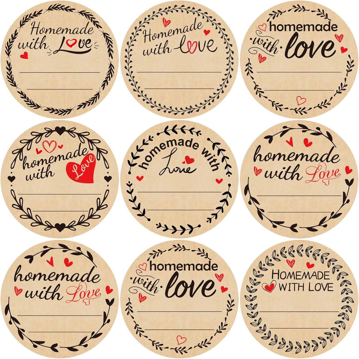 500 calcomanías caseras con amor con líneas, etiquetas para conservas de frascos para envases horneados, bolsas de galletas, rollo de 2 pulgadas