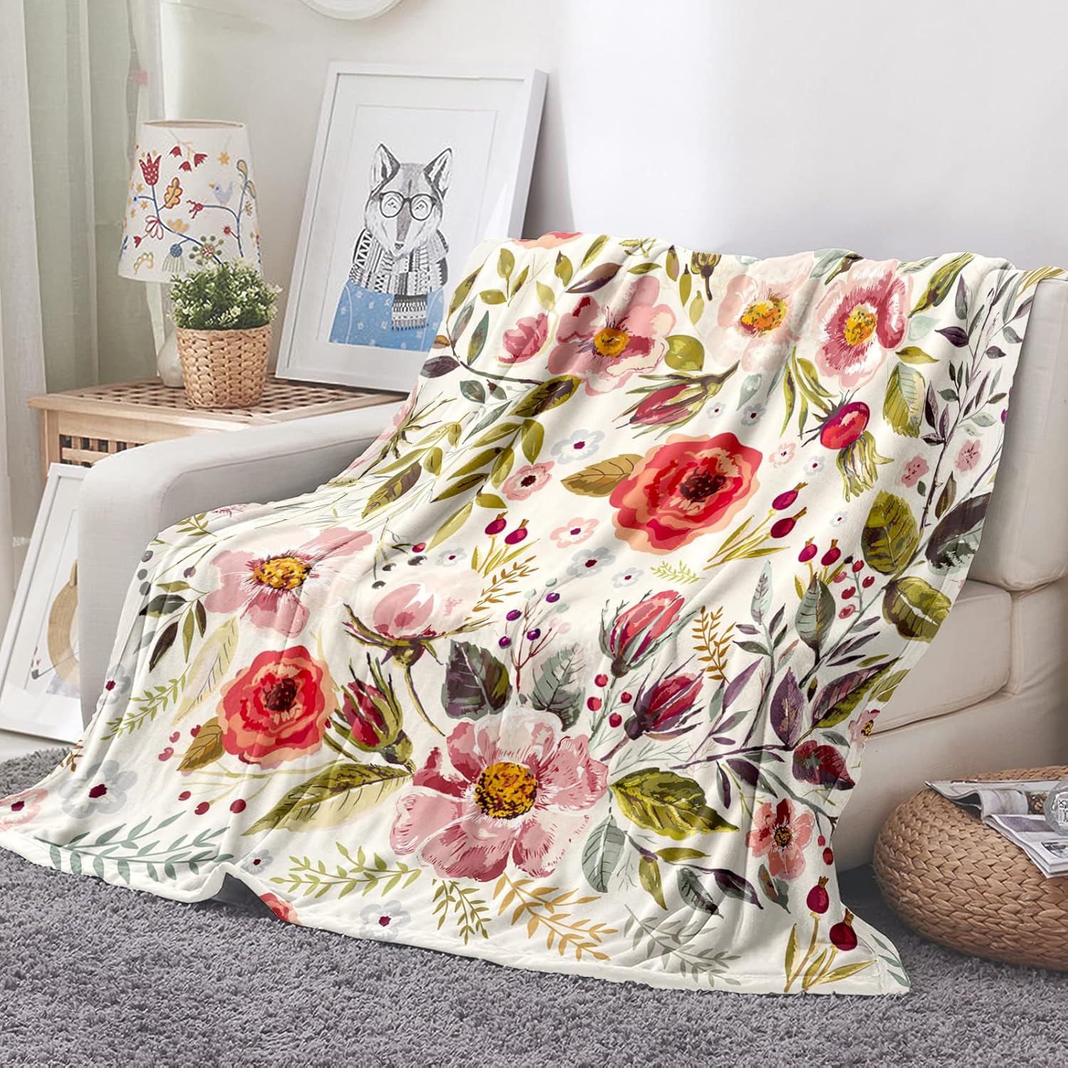 Tupmnbry Manta de flores silvestres con estampado floral botánico, manta de franela súper suave, ligera y esponjosa para cama, sofá y viajes, 60 x