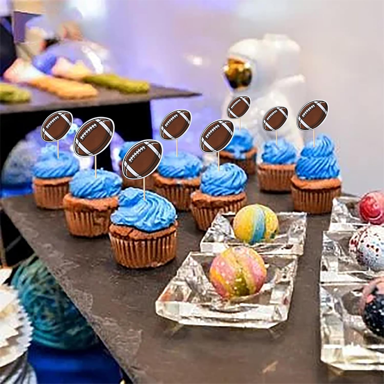 Rsstarxi Paquete de 40 adornos para cupcakes de fútbol americano, bola de rugby, decoración de cupcakes, palillos de dientes para fiesta de
