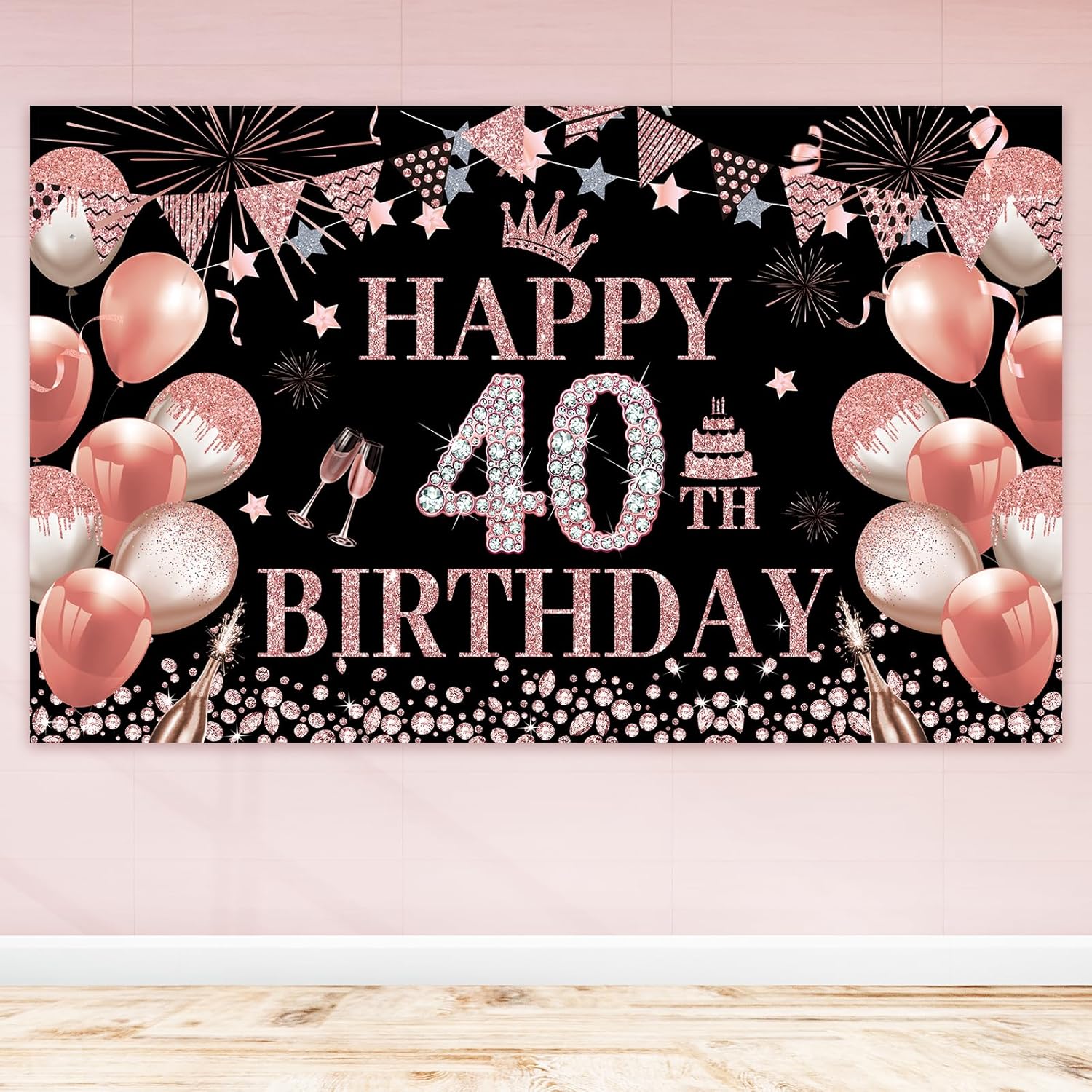 Telón de fondo de cumpleaños número 40, decoración de fondo de cumpleaños de oro rosa para mujer, 5.9 x 3.6 pies, fabuloso cartel de cumpleaños,