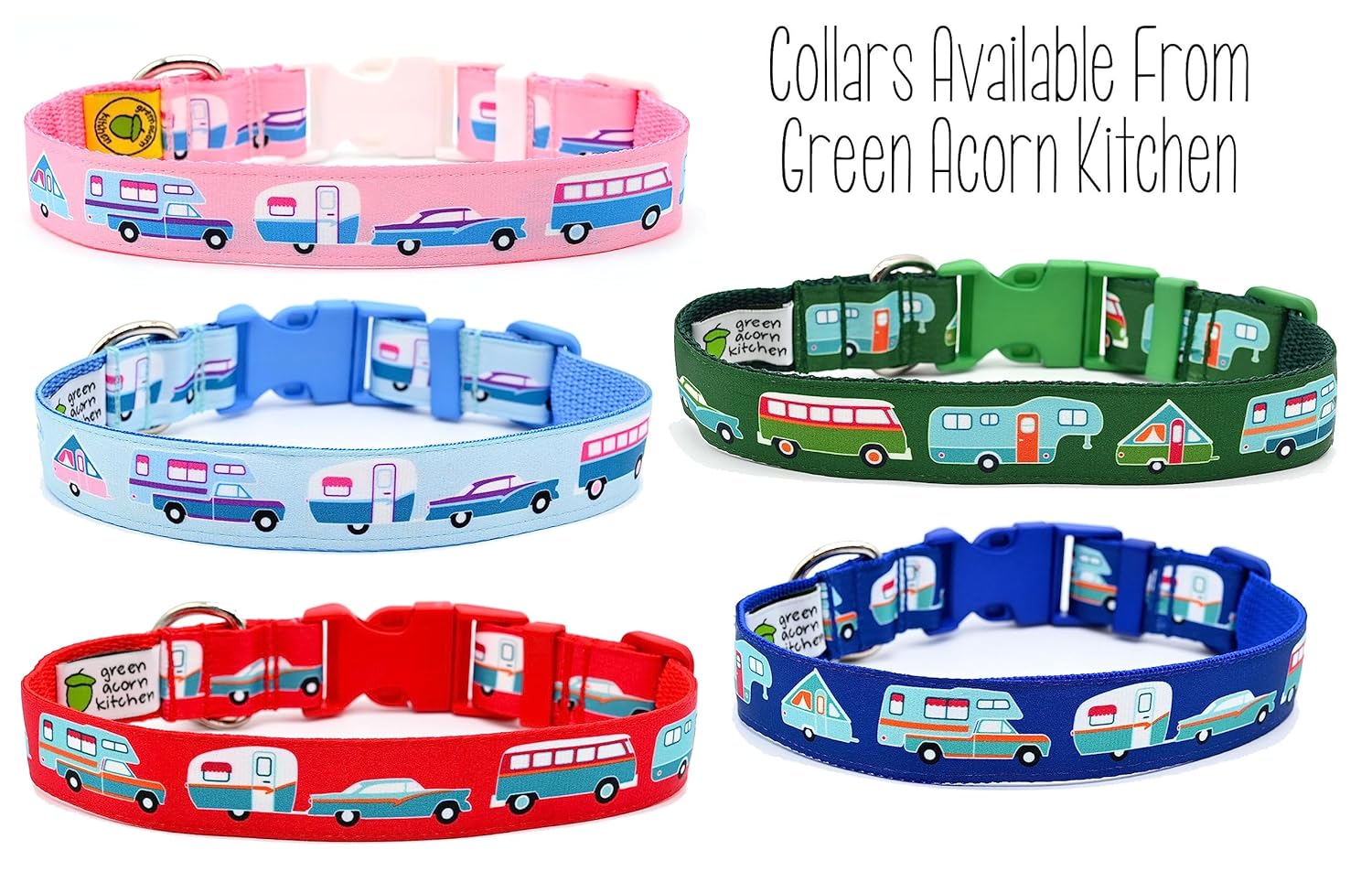 RV Camping Dog Collar – Pink Camper Collar – Vintage Car & Trailer – Van – Fifth Wheel – Truck Camper – A-Frame – 4 Sizes – Adjusts 9 Inches to 27