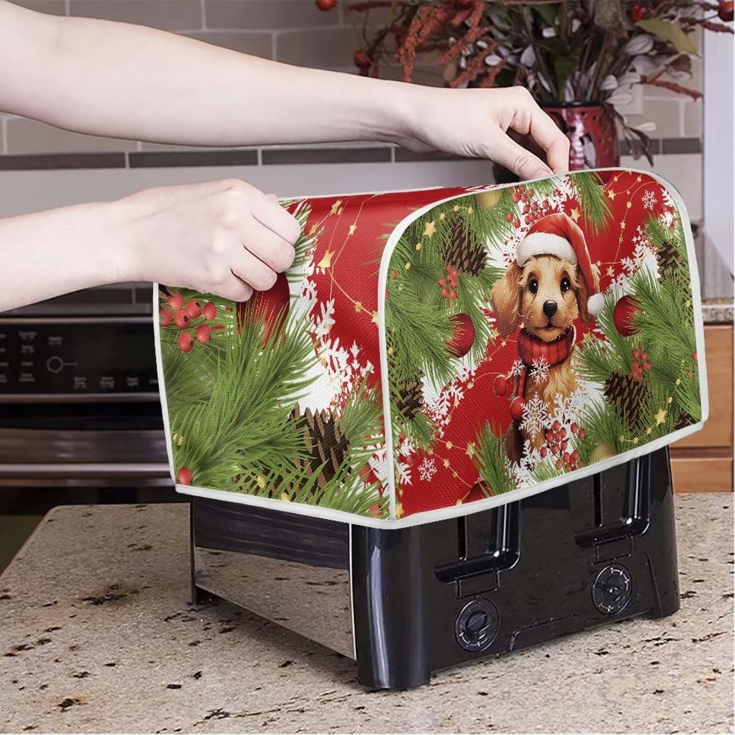 UNICEU Cubierta acolchada para tostadoras de 4 rebanadas de cachorro de Navidad, a prueba de polvo, cubierta para hacer pan, cubierta antipolvo para