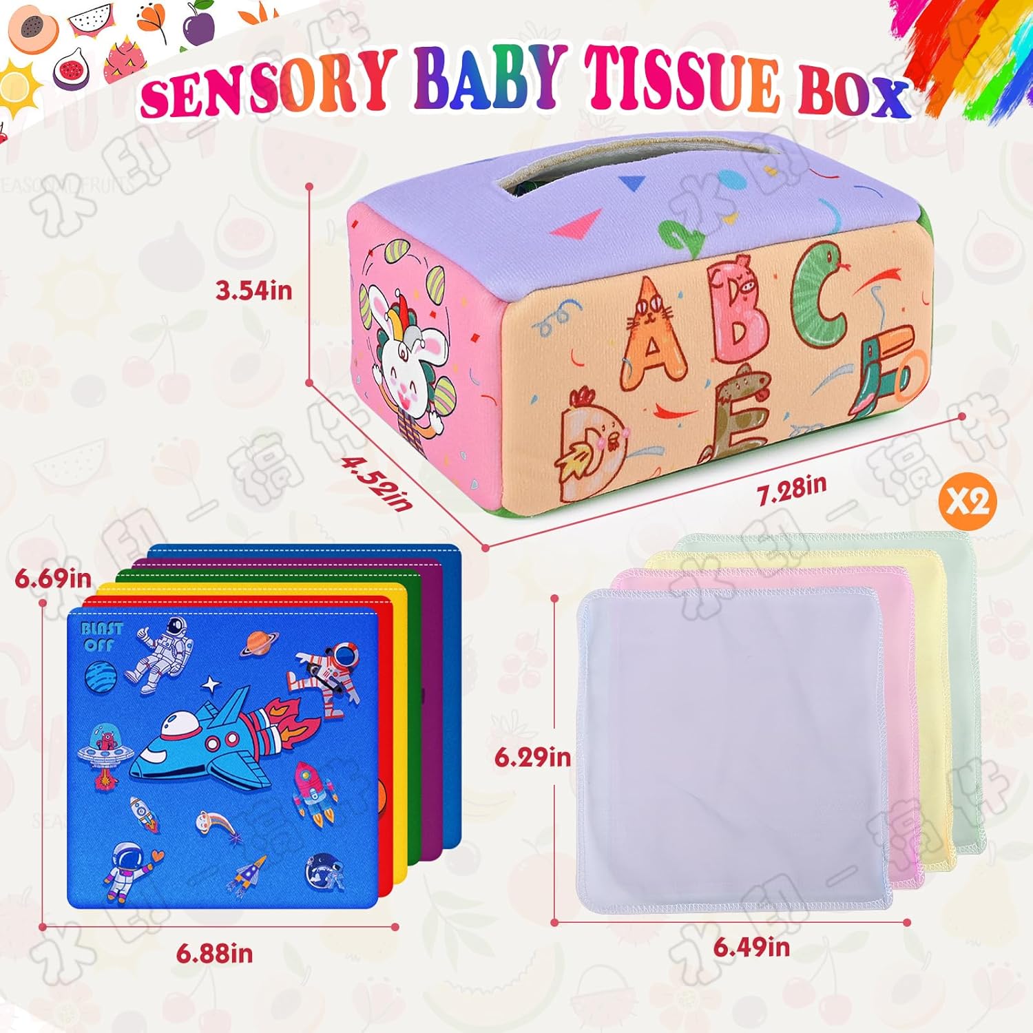 ANOOVV Caja de pañuelos para bebé, juguetes Montessori de 6 a 12 meses, juguetes Montessori para bebés, juguetes suaves de relleno de colores de