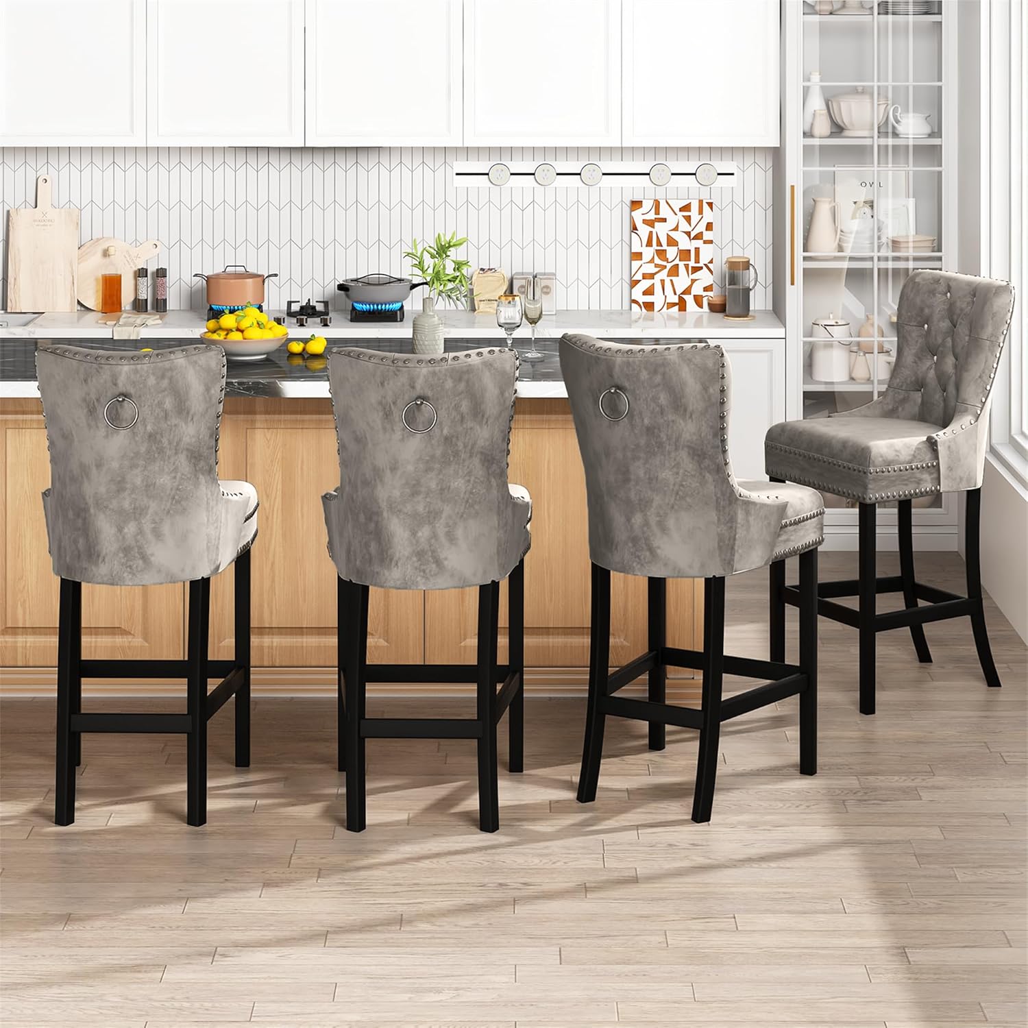 Recaceik Juego de 2 taburetes de bar de terciopelo con altura de mostrador, taburetes de bar tapizados con respaldo, taburete de cocina de 27