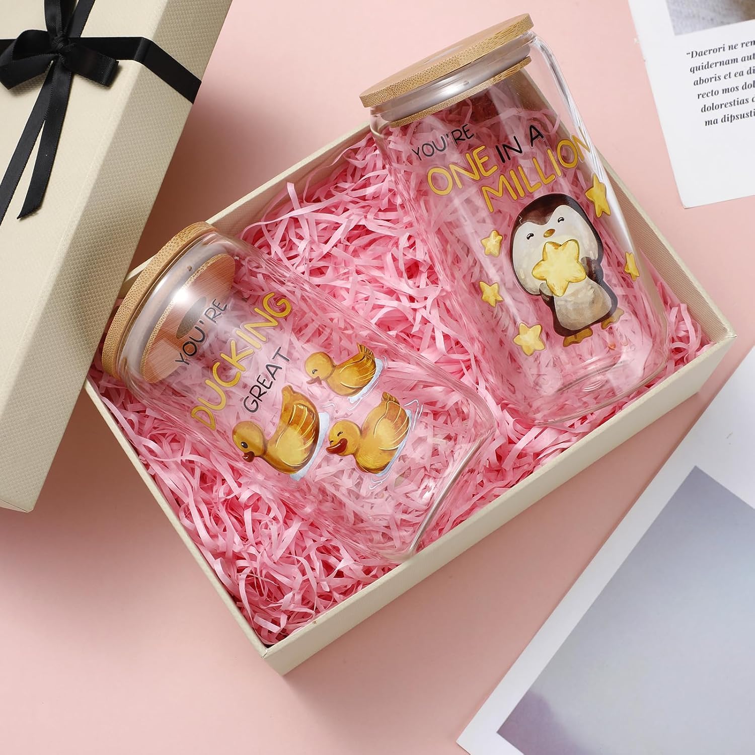 Tioncy 12 piezas de regalos de agradecimiento a los empleados de 16 onzas, vasos de vidrio inspiradores con texto en inglés “Thank you” con tapas y