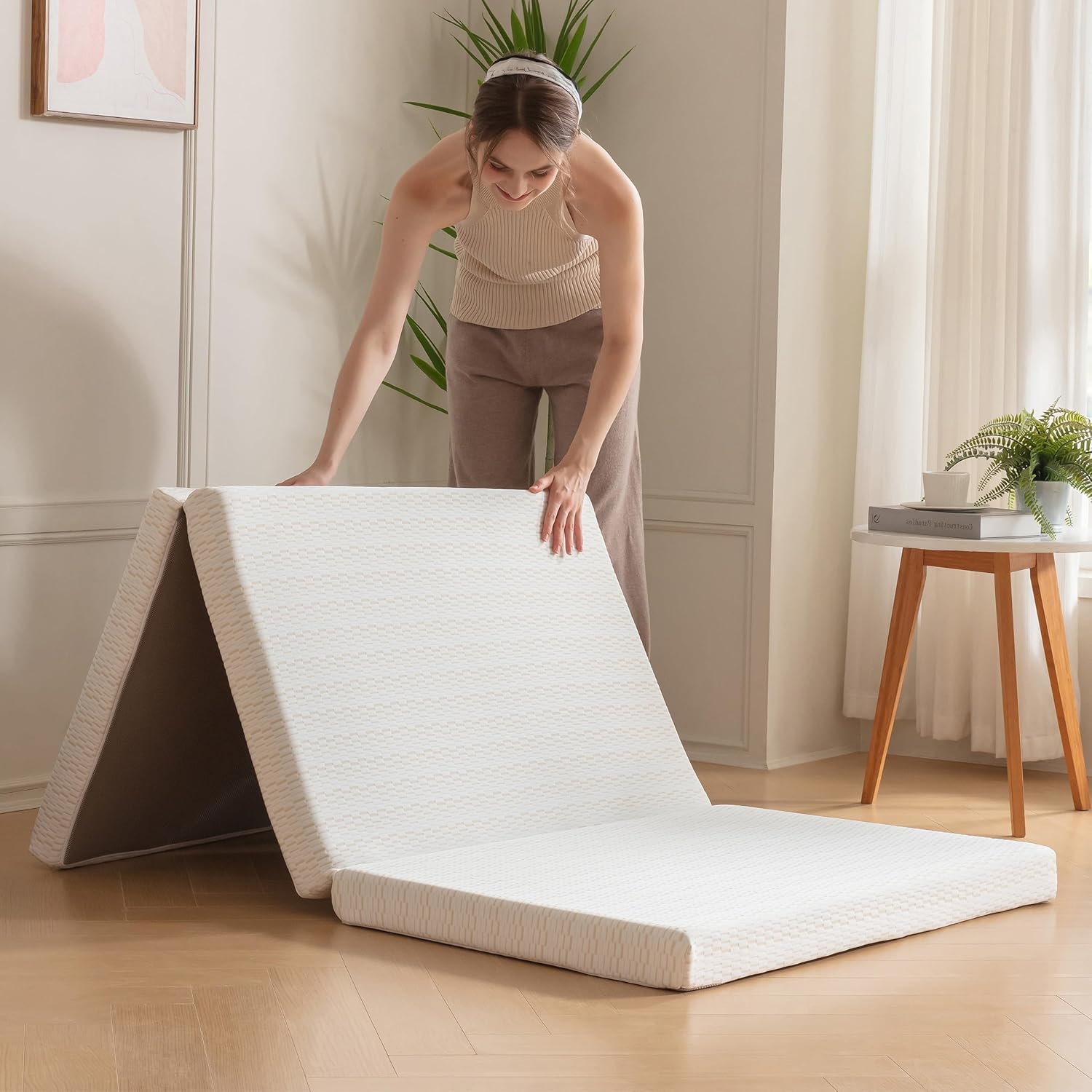 Colchón plegable, cubrecolchón de espuma viscoelástica triple portátil de 4 pulgadas, certificado CertiPUR-US, con funda lavable, cama de invitados