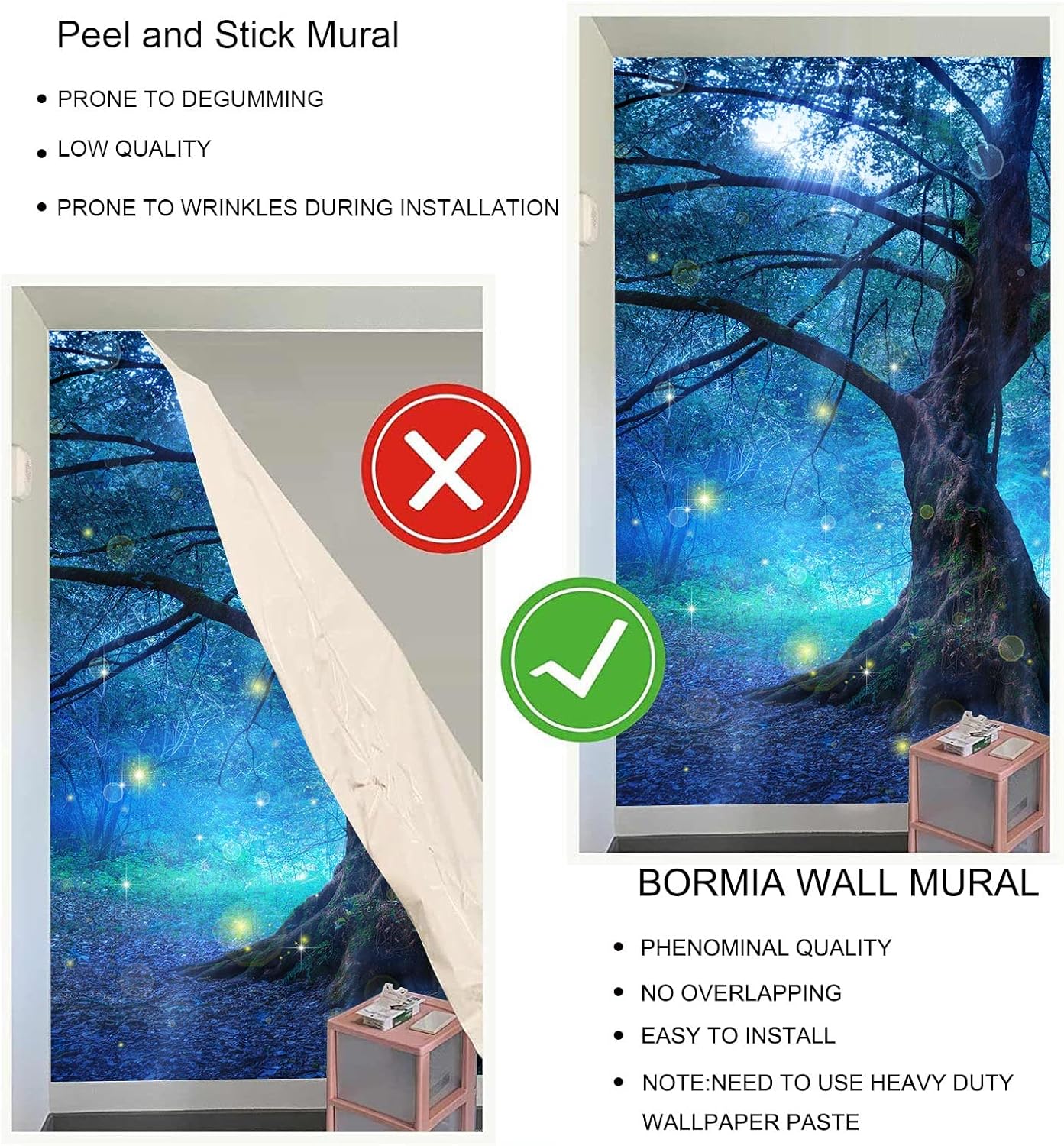 Bormia – Mural de pared de fantasía, árbol de hadas en bosque místico, papel tapiz fotográfico para habitación de niños, sala de estar, dormitorio