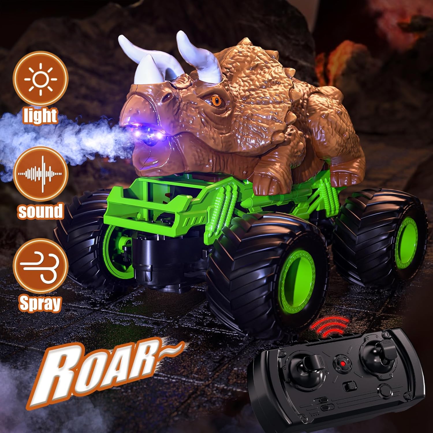 TEMI Juguete de coche Triceratops con control remoto 124, camión monstruo con rugido, luz y niebla para niños de 3 a 7 años, camión de dinosaurio
