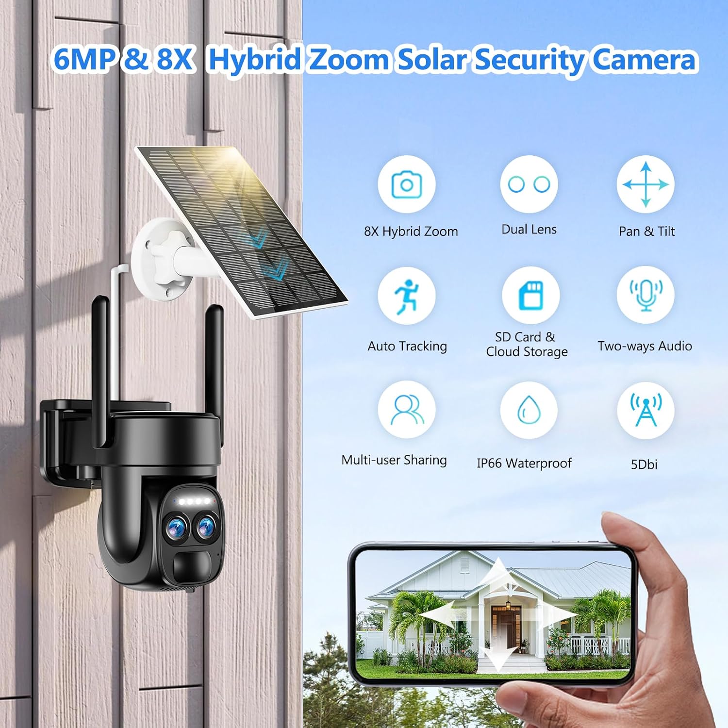 Zoom 8X Cámaras de seguridad 4K 5Dbi inalámbricas para exteriores, cámara de seguridad solar alimentada por baterías, cámara WiFi PTZ de 360 con