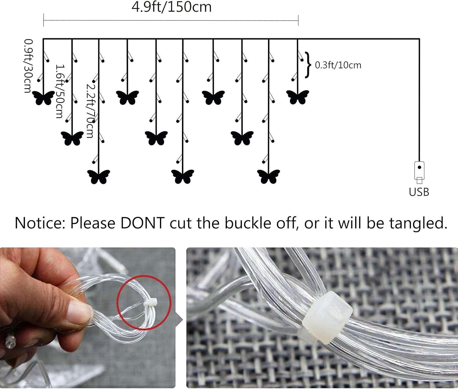Decorman Luces de cortina de mariposa, 4.9 pies, 48 luces LED USB para ventana, 10 mariposas, 8 modos, luciérnaga, tira de luces parpadeantes para