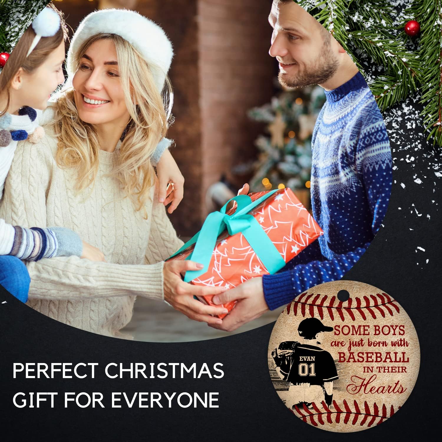 Adornos circulares personalizados para niños con béisbol en sus corazones, adornos de cerámica para árbol de Navidad, decoración de pino colgante,