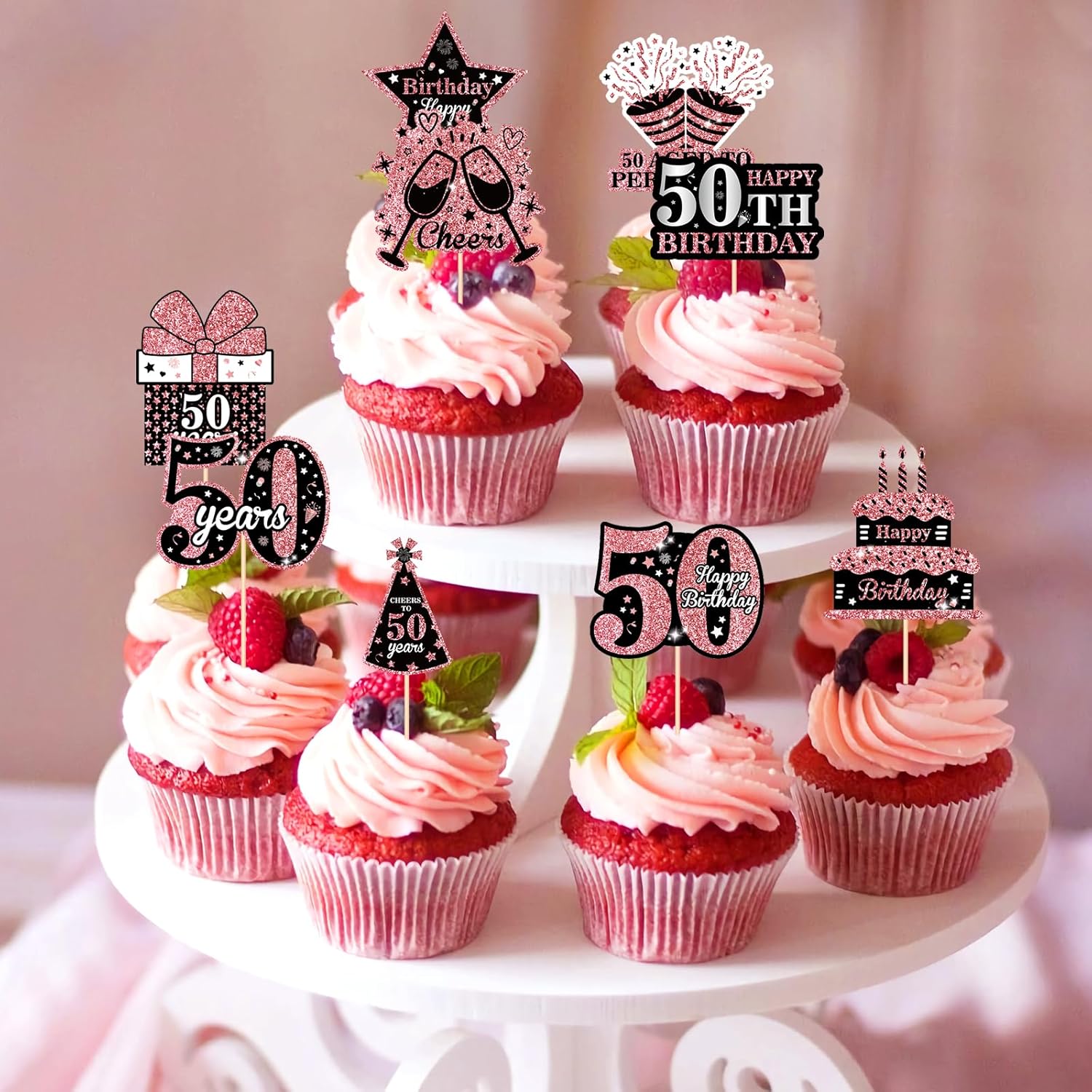 36 piezas de decoración para tartas de cumpleaños número 50, color oro rosa y negro, decoración para cupcakes de 50 años, 50 fabulosas selecciones