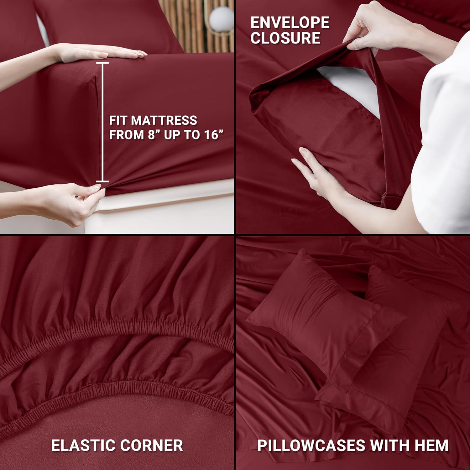 Utopia Bedding Juego de sábanas de 4 piezas, microfibra cepillada, resistente al encogimiento y a la decoloración, fácil cuidado (King, rojo borgoña)