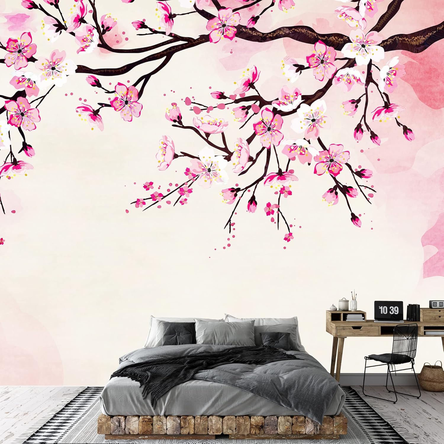 wall26 – Mural de pared grande – Flores de cerezo florecientes en la rama con fondo abstracto  Papel pintado de vinilo autoadheribledecoración para