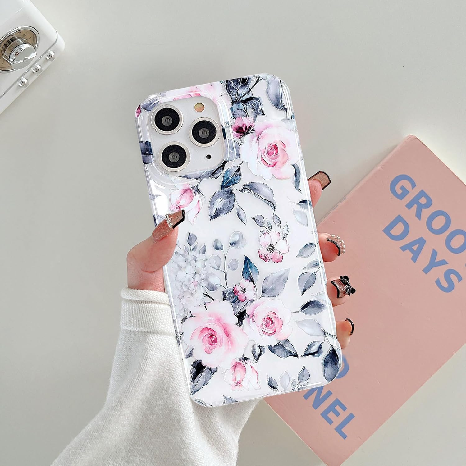 J.west Funda para iPhone 11 Pro Max 6.5, suave a prueba de golpes, linda funda protectora de teléfono floral rosa para mujer, diseño retro
