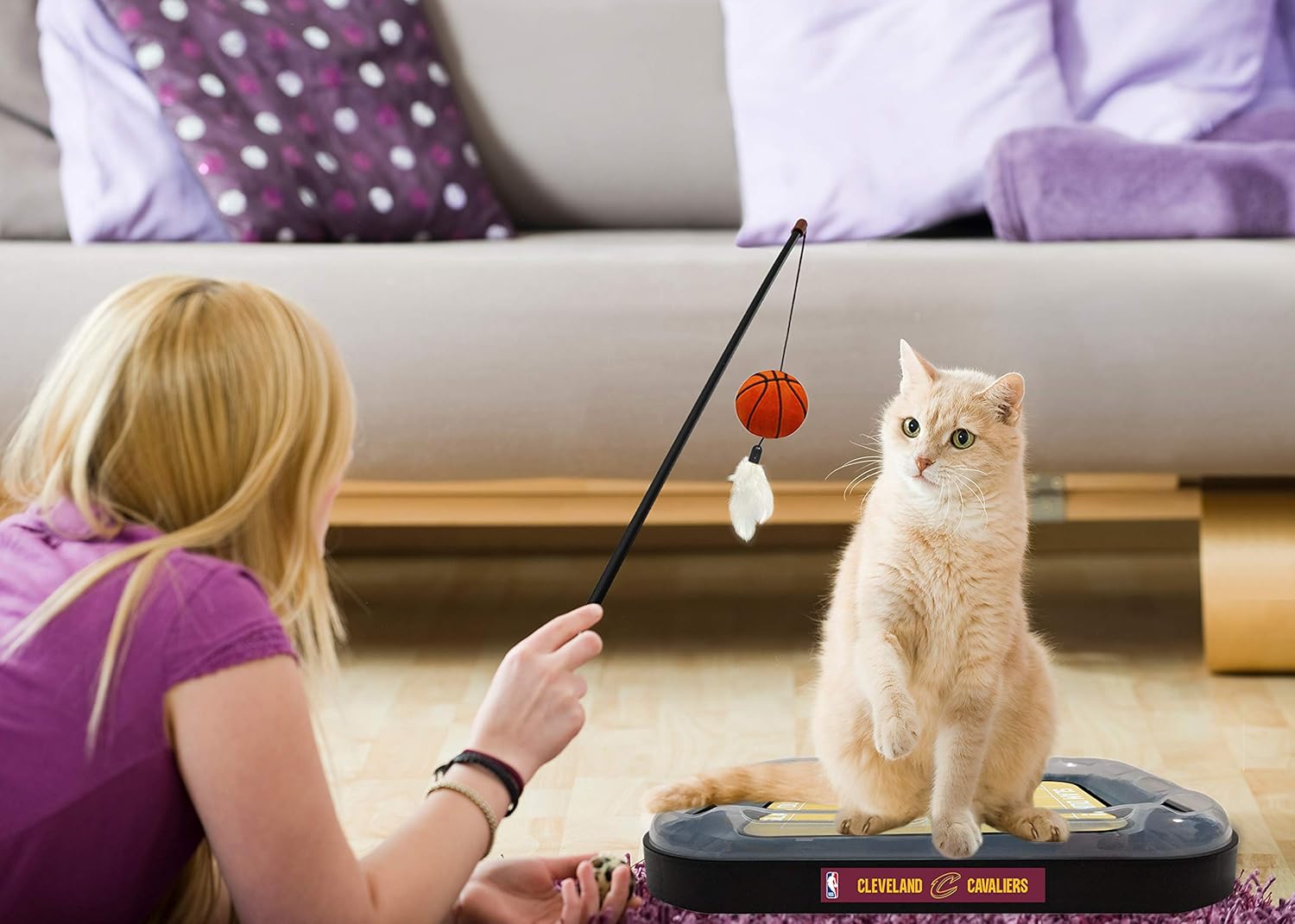 Juguete rascador de gato de la NBA CLEVELAND CAVALIERS de baloncesto de campo de gato con campana interactiva de bola de gato en pistas. Juguete de
