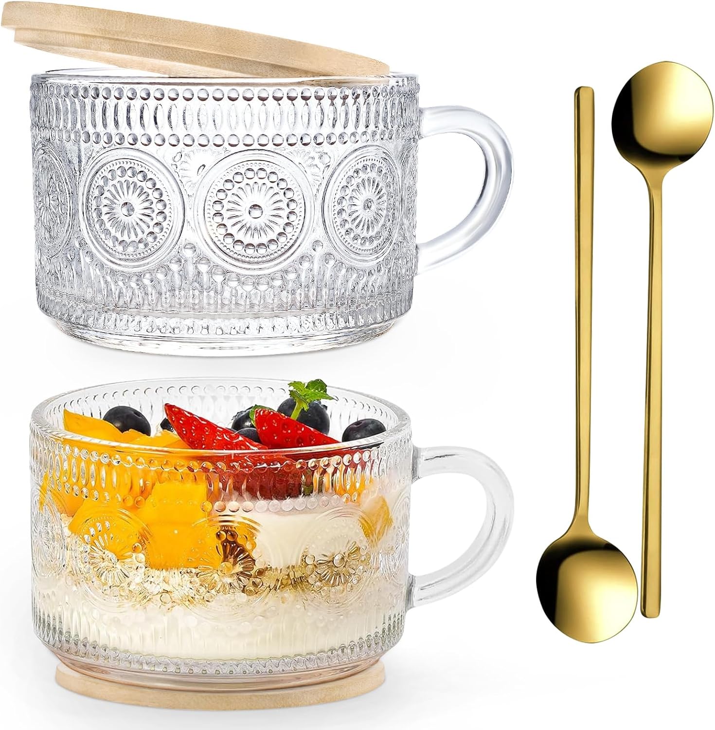 2 tazas de café vintage, recipientes de avena de 15 onzas con tapas de bambú y cucharas, tazas de café de vidrio transparente en relieve, regalos