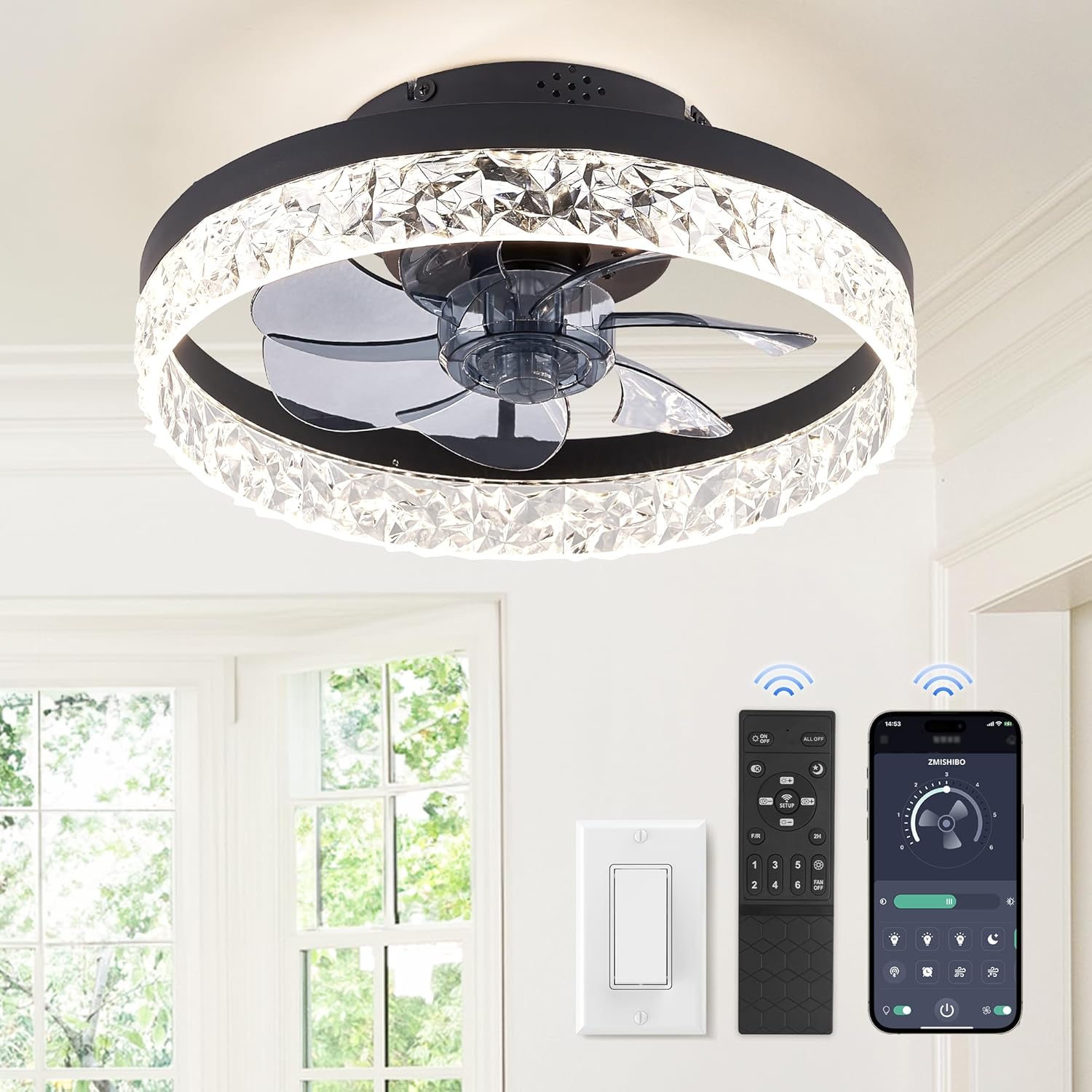 ZMISHIBO Ventiladores de techo con luces, ventilador de techo de perfil bajo con luz y control remoto, ventilador de techo empotrado, reversible,