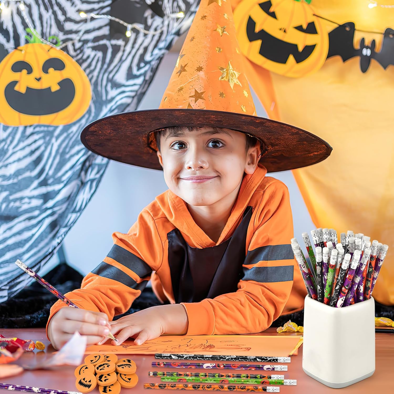 48 lápices de Halloween con 48 piezas de borradores de calabaza 3D a granel para niños, estudiantes, bolsas de regalo, regalos para oficina,