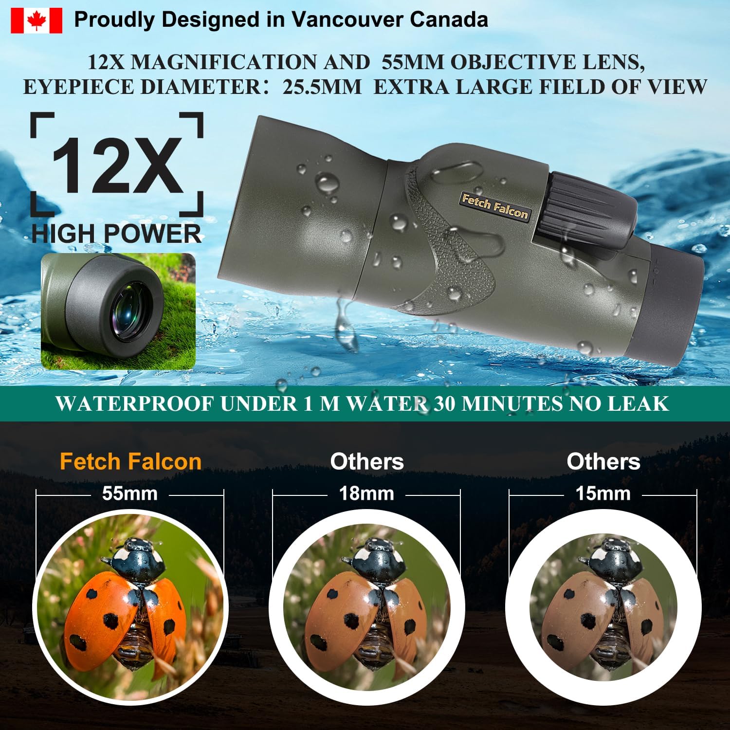 Fetch Falcon- Monoculares BAK4 FMC HD rellenos de nitrógeno IPX7 de 12 x 50 pulgadas (ocular de 10.0 in a prueba de agua bajo 1 M de agua, 30