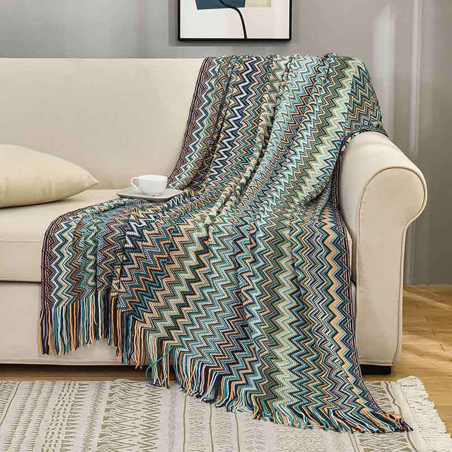 Manta bohemia de punto con borlas, para exteriores, reversible, suave, acogedora, ligera, para sofá o cama, para todas las estaciones, color azul,