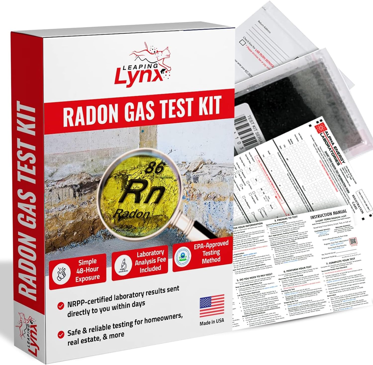 Kit de prueba de detector de gas de radón aprobado por la EPA para el hogar, tarifa de laboratorio incluida, prueba de radón a corto plazo de 48