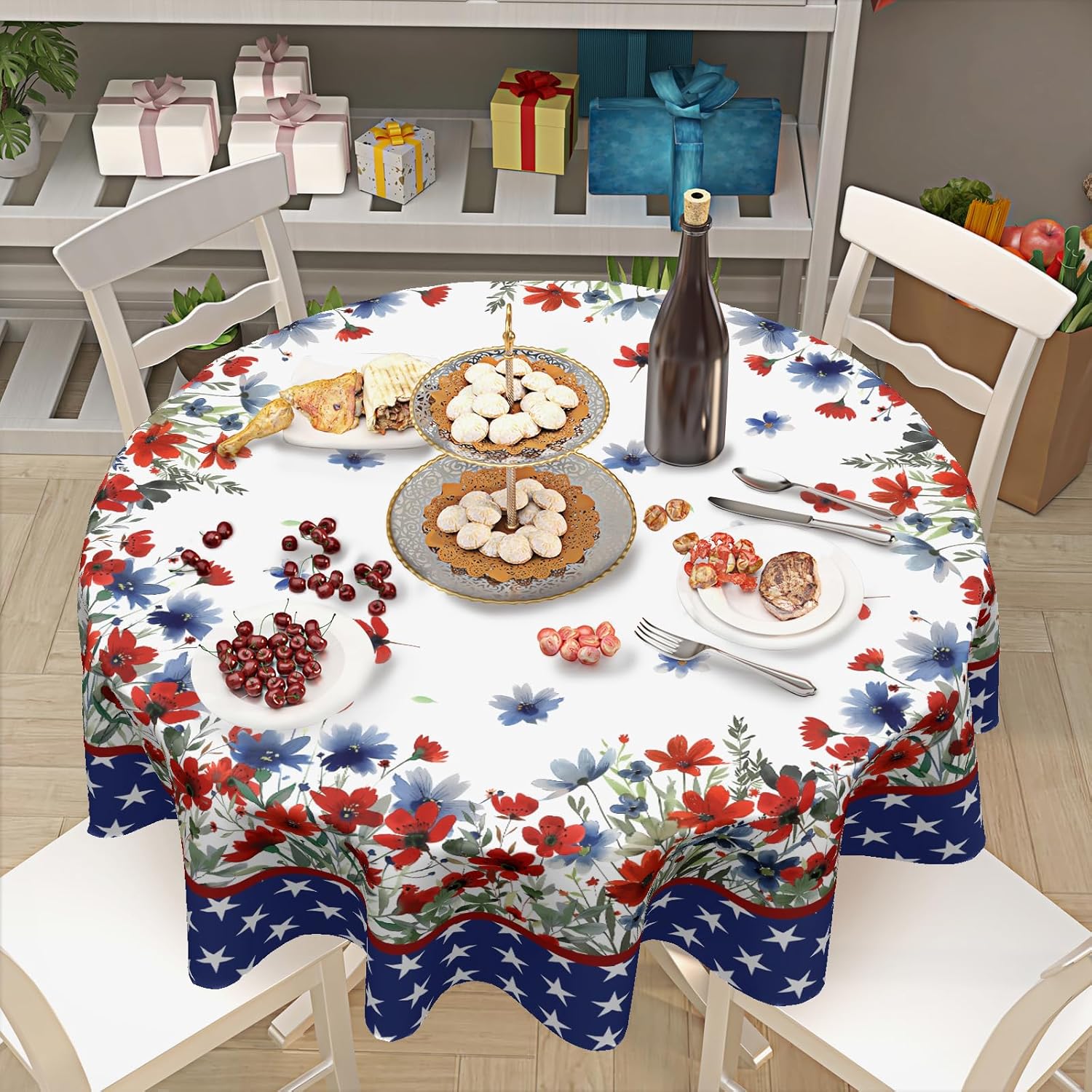 Mantel redondo para el 4 de julio, 60 pulgadas, diseño de acuarela rojo y azul, floral, patriótico, Día de la Independencia, Día de los Caídos,
