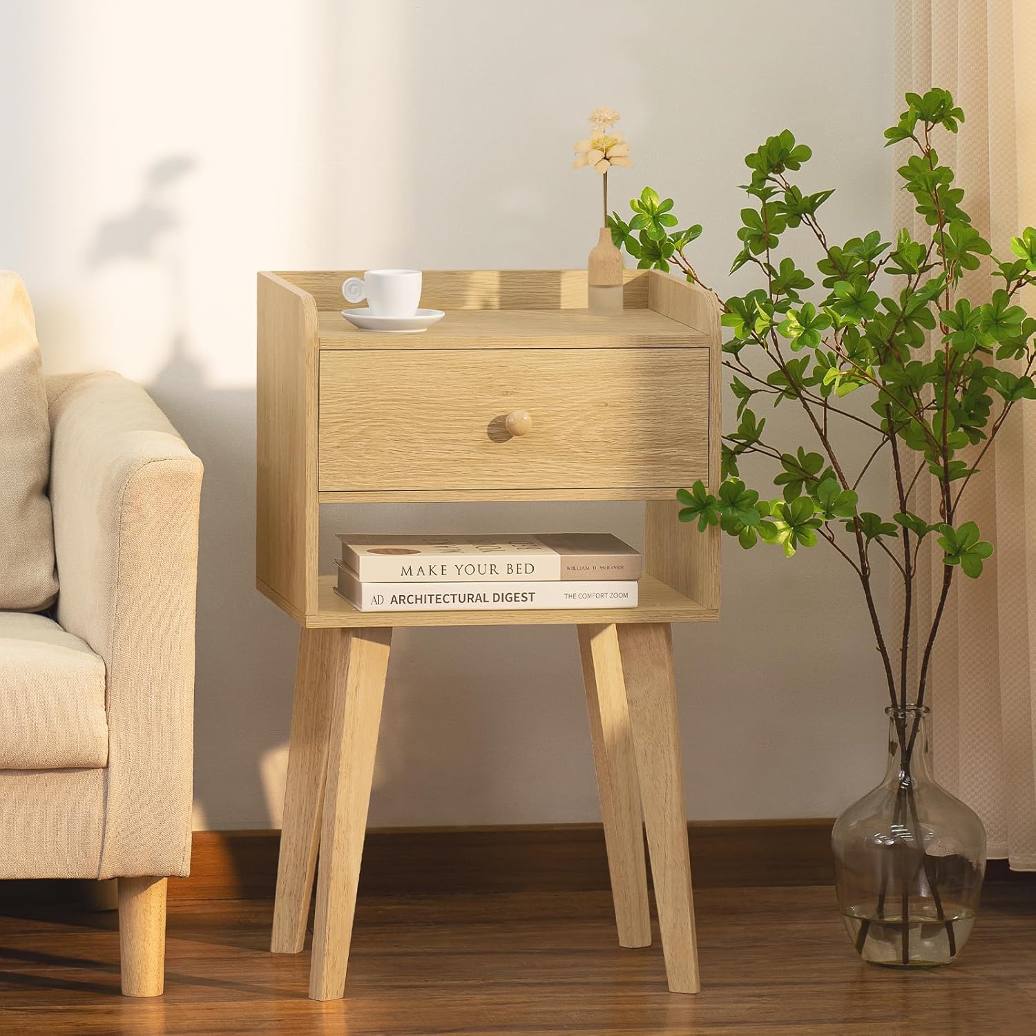 Lerliuo Juego de 2 mesitas de noche de madera, moderna mesa auxiliar de cama con cajón, mesa auxiliar de madera para espacios pequeños, mesa