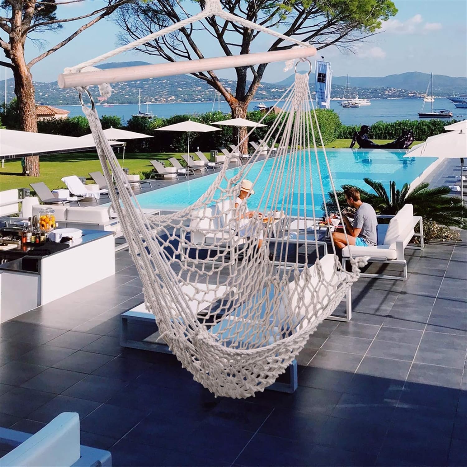 Hamaca colgante para exteriores, con cuerda de algodón y barra de madera, macramé beige, gran aire, silla de cielo para el hogar, interior,