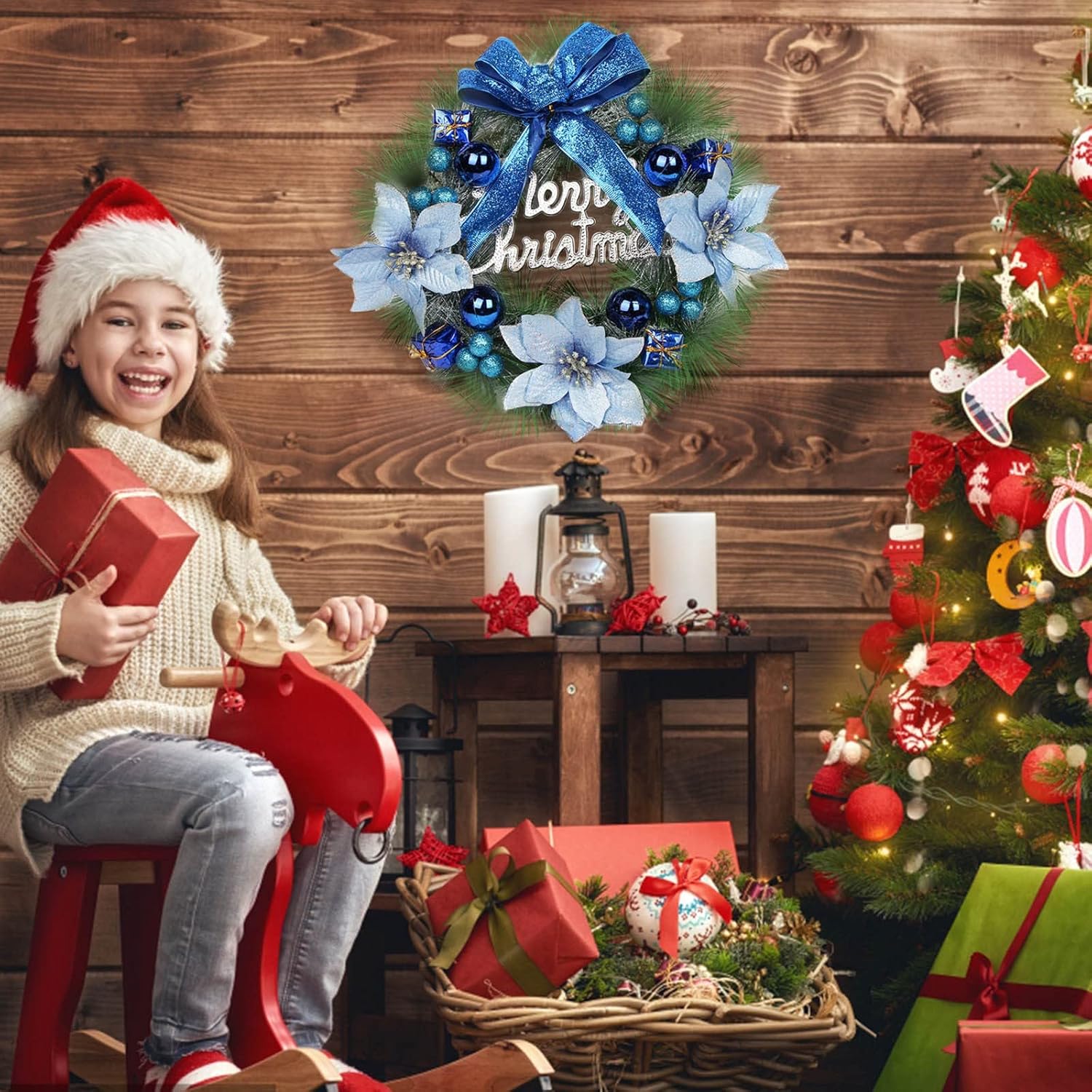 Corona de Navidad para puerta delantera con detalles azules, lazo para decoración de puerta delantera, 12 pulgadas, para pared exterior, interior,