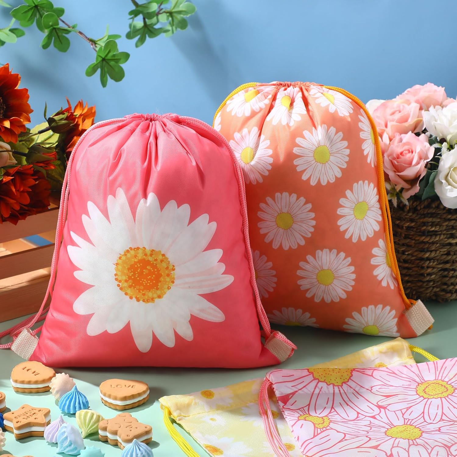 Paquete de 12 bolsas con cordón de flores de margarita, suministros de fiesta de cumpleaños, bolsas de regalo de flores de margarita, bolsas de