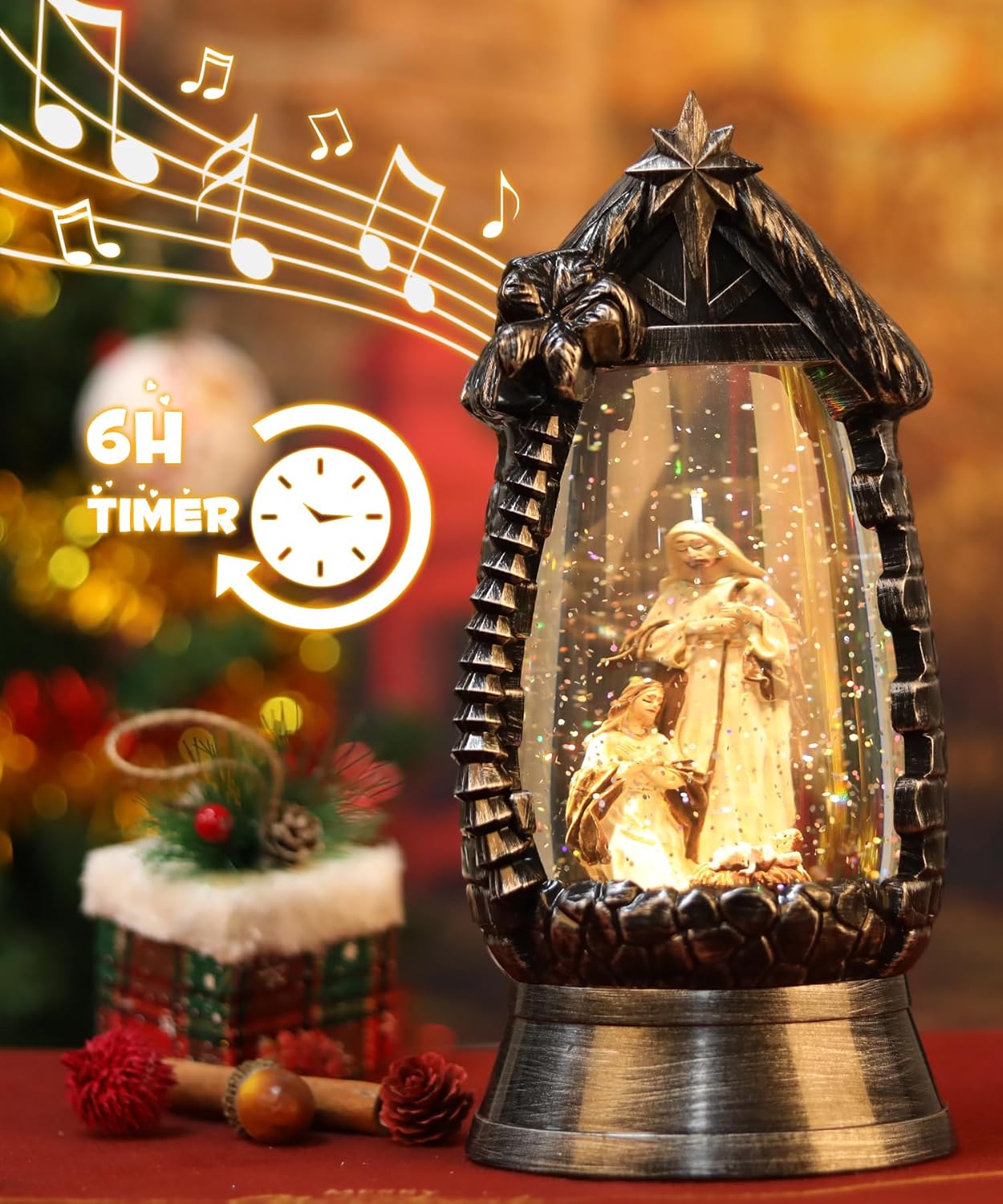 Globo de nieve musical de Navidad, belén con regalos cristianos, linterna de globo de nieve de Navidad con temporizador de 6 horas, linterna