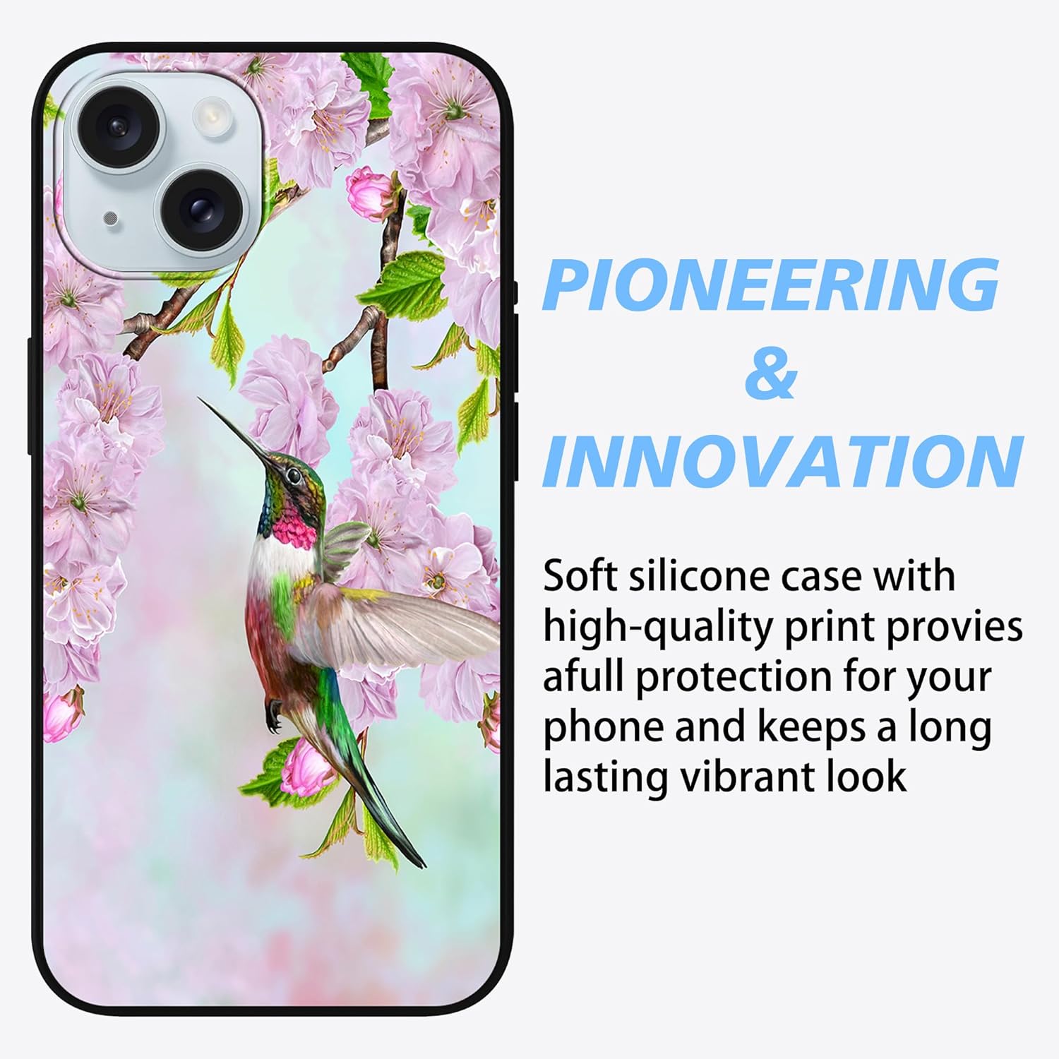 MSEAANBK Funda de colibrí para iPhone 15 de 6.1 pulgadas, diseño de flores de cerezo para iPhone 15, para mujeres, niñas y hombres, TPU suave, a