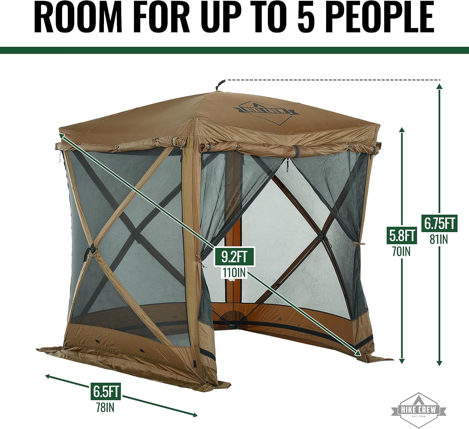 Hike Crew Tienda de campaña de 6 x 6 pies con toldo desplegable para exteriores de 4 lados con paneles de viento con cremallera integrados, toldo