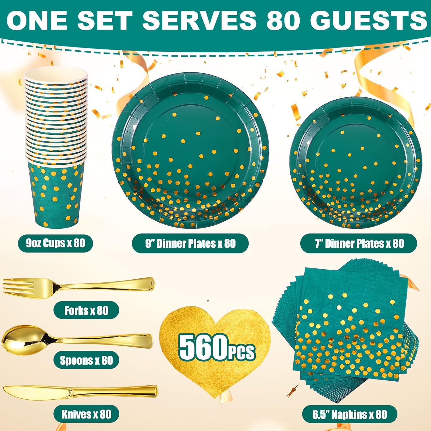 560 piezas de suministros de fiesta verde oscuro y dorado para 80 invitados, juegos de vajilla desechables, platos de papel verde, servilletas,