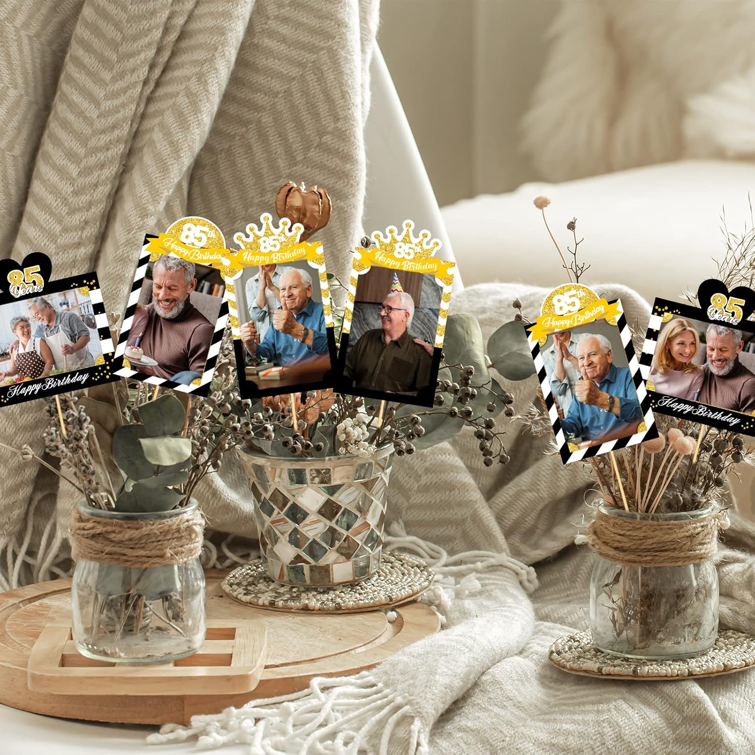 MEFENG 15 palitos para centro de mesa de fiesta de cumpleaños 85, color negro y dorado, decoración de mesa para fotos de cumpleaños de 85 años,