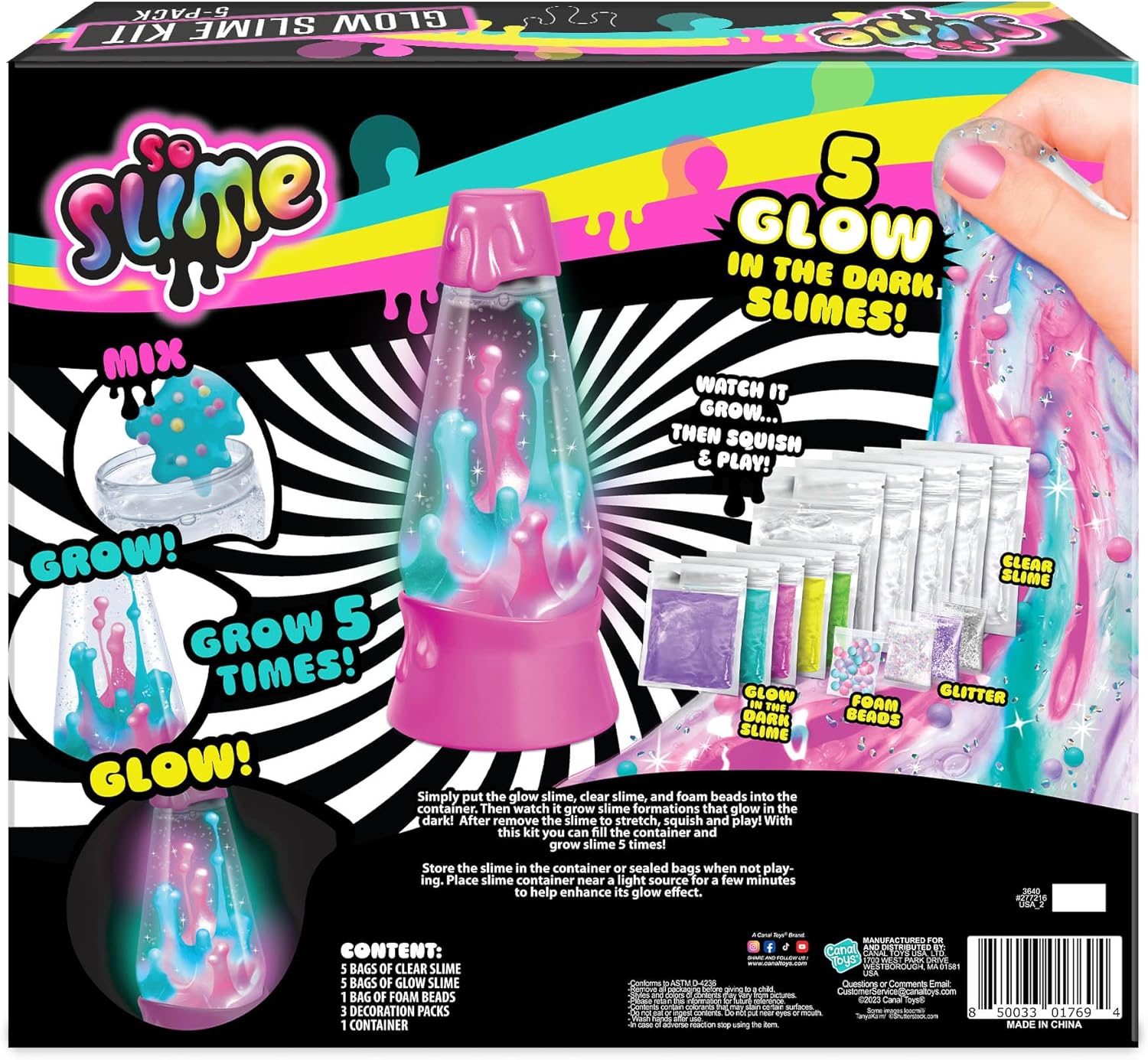 Canal Toys So Slime Glow Slime, paquete de 5, divertido kit de slime que brilla en la oscuridad con contenedor. Estirar, aplastar y jugar
