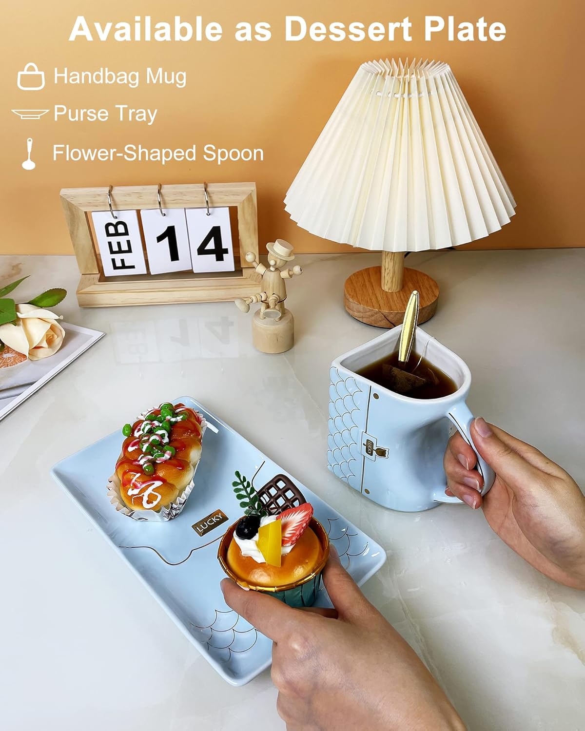 SISETOP Juego de 2 tazas de café de color azul bebé, lindo bolso con platillo y cuchara