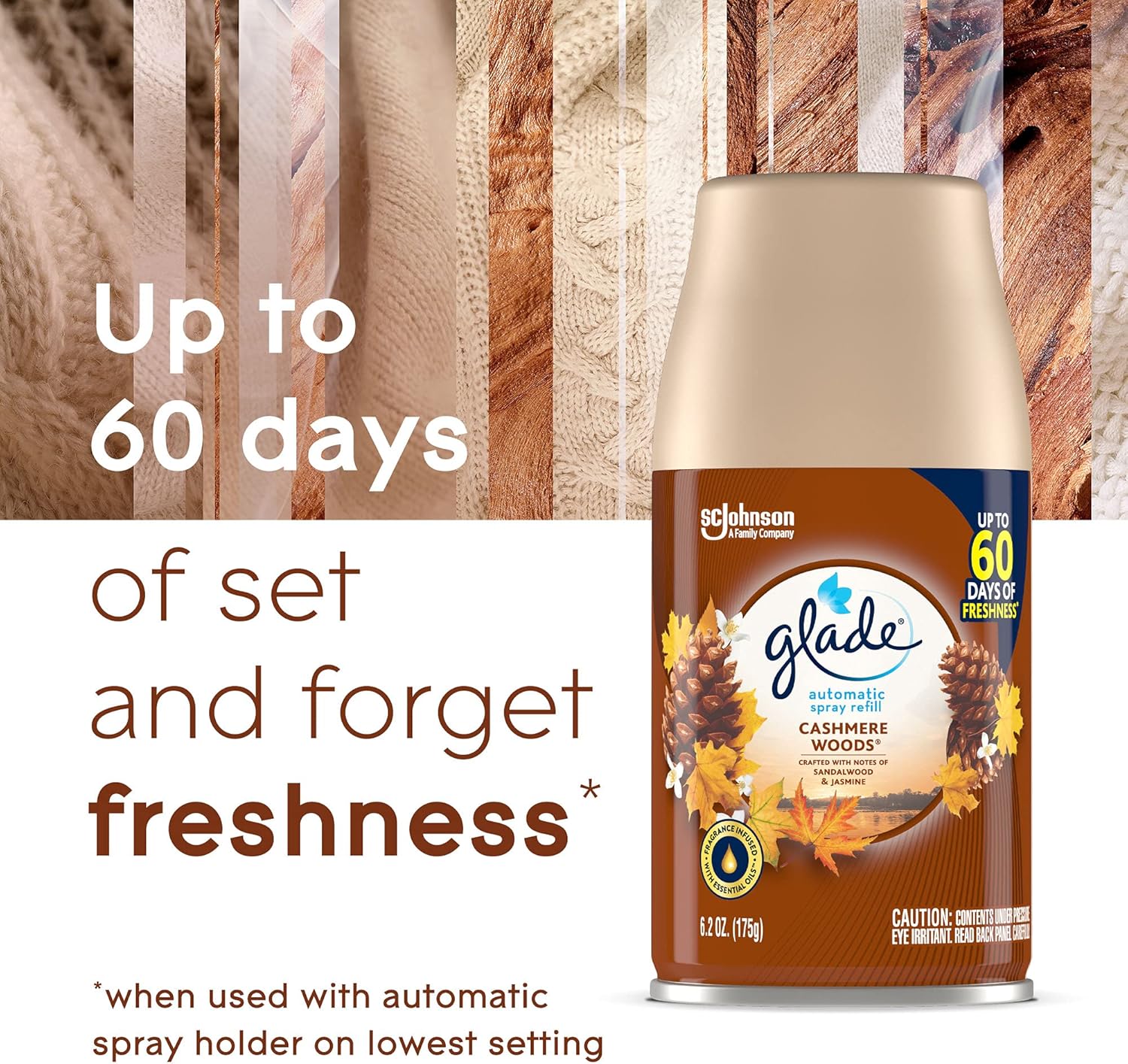 Glade Recambio automático en aerosol, ambientador para el hogar y el baño, maderas de cachemira, 6.2 onzas (paquete de 2)
