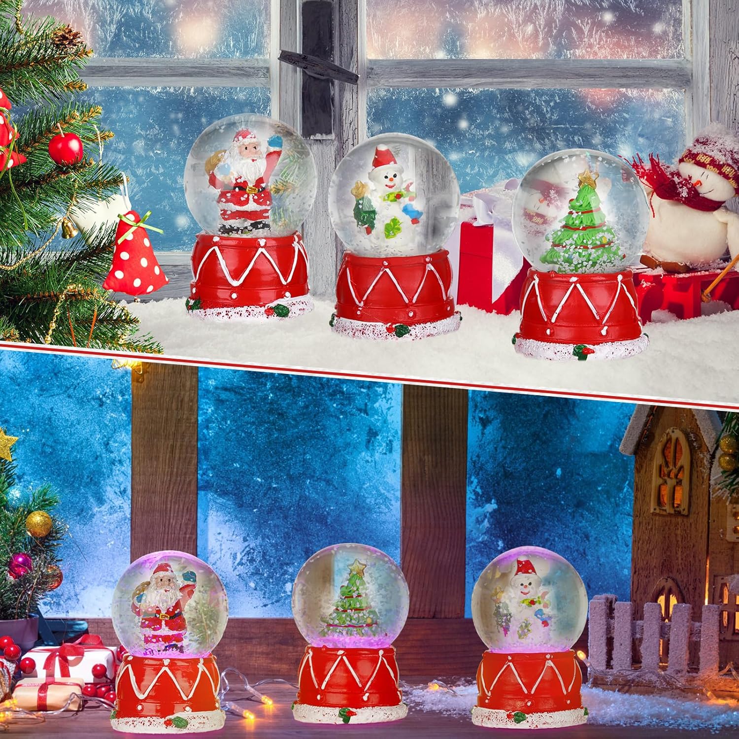 Hiboom 3 globos de nieve pequeños de Navidad, luces LED, árbol de Navidad de Papá Noel y muñeco de nieve, bolas de cristal ligeras, alimentadas con