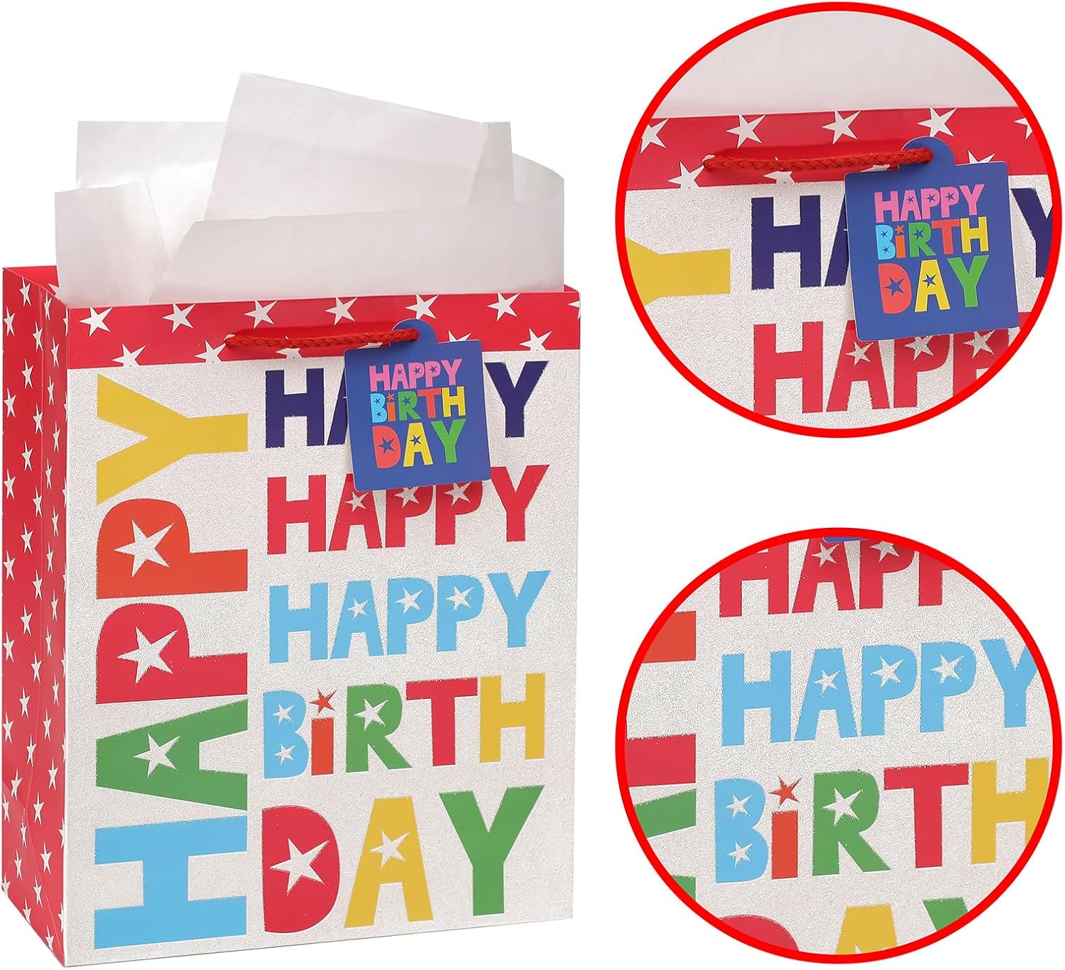 Fu HeaLer Bolsa de regalo de cumpleaños, bolsas de cumpleaños grandes de 13 pulgadas con tarjeta y papel de seda para fiesta de cumpleaños, 1