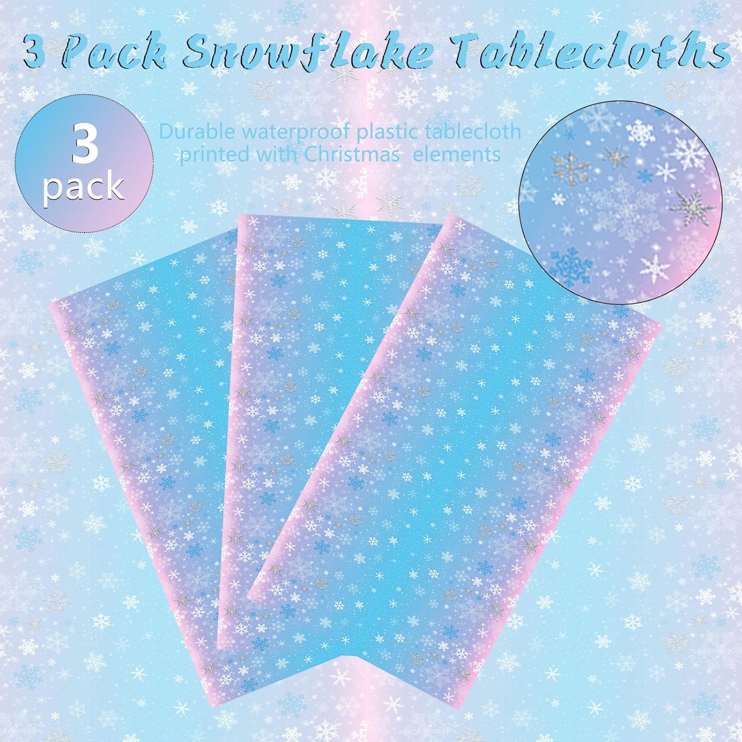 Kesfey Paquete de 3 manteles de Navidad con copos de nieve de 51 x 87 pulgadas, mantel desechable de plástico con copos de nieve blancos para fiesta