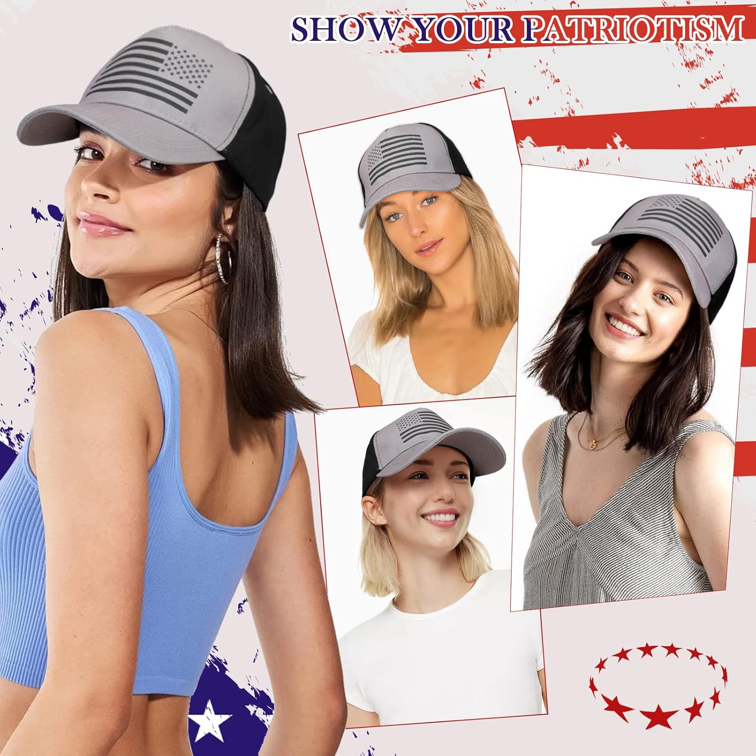 Sombrero de bandera estadounidense con extensiones de cabello, peluca de bandera de Estados Unidos, ajustable, recto, corto, 14 pulgadas, sintético,