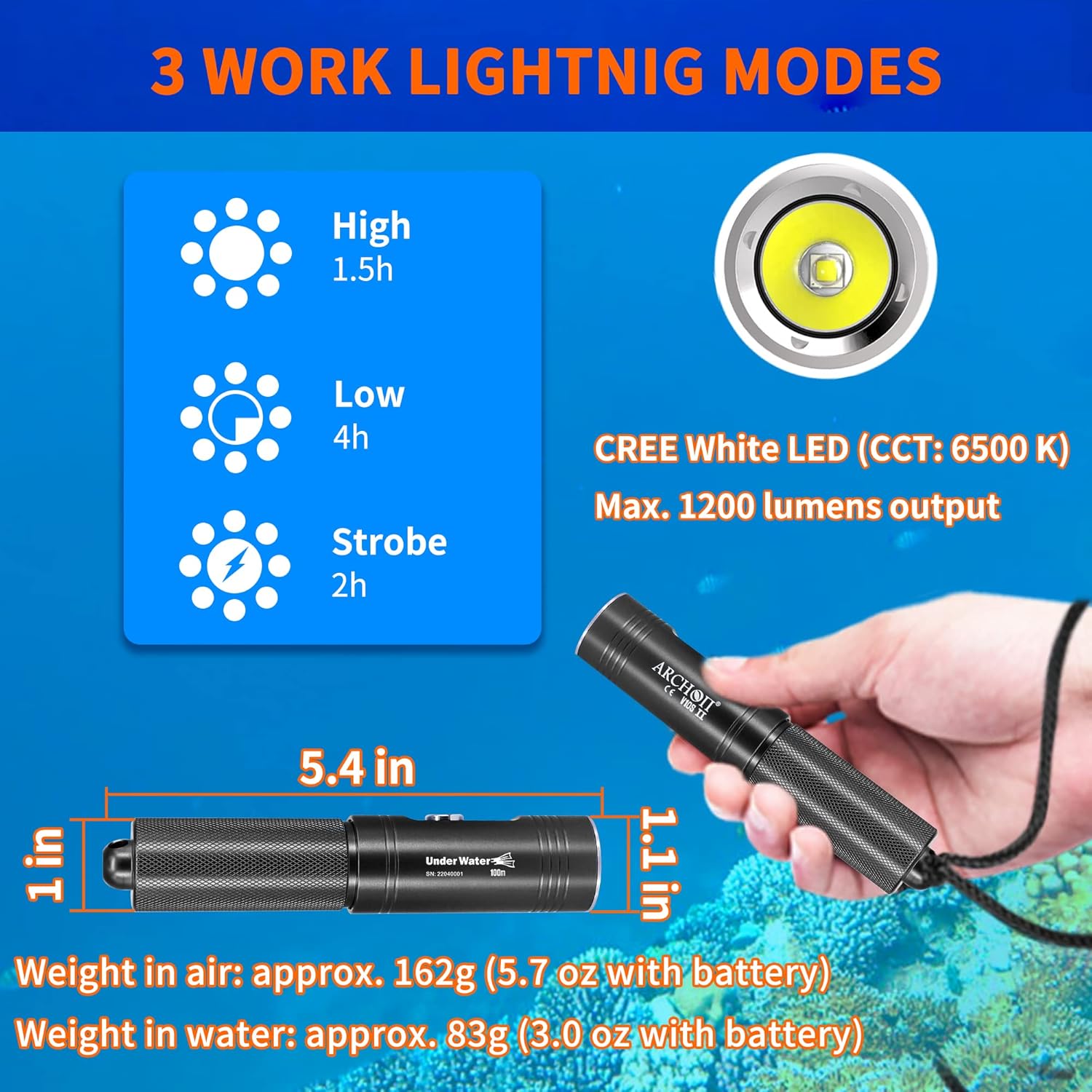 ARCHON Linterna de buceo de 1200 lúmenes, luz de buceo impermeable con indicador de potencia, haz estrecho y cargador USB, antorcha negra para