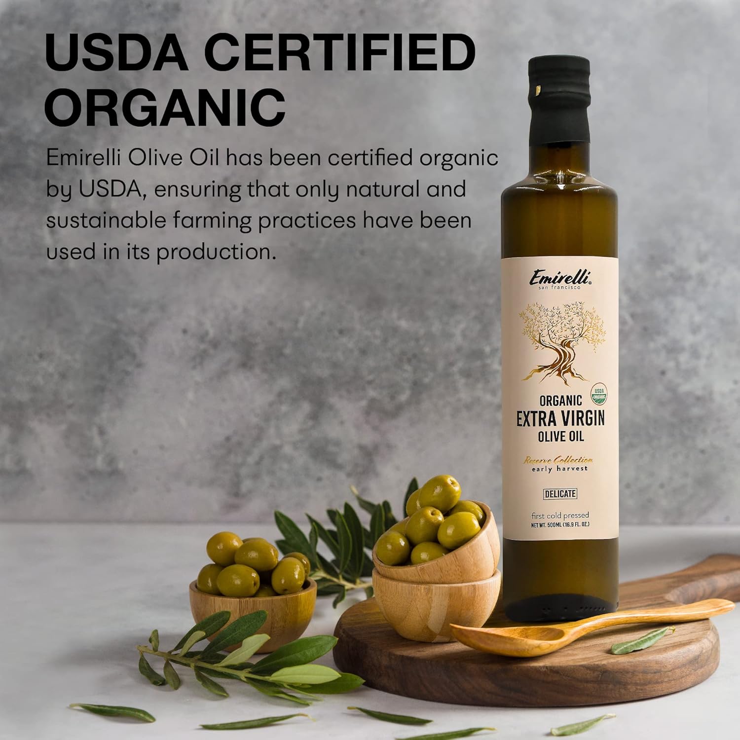 Emirelli Aceite de oliva virgen extra orgánico, certificado por USDA, rico en polifenoles, primer prensado en frío, cosecha temprana, sabor suave,