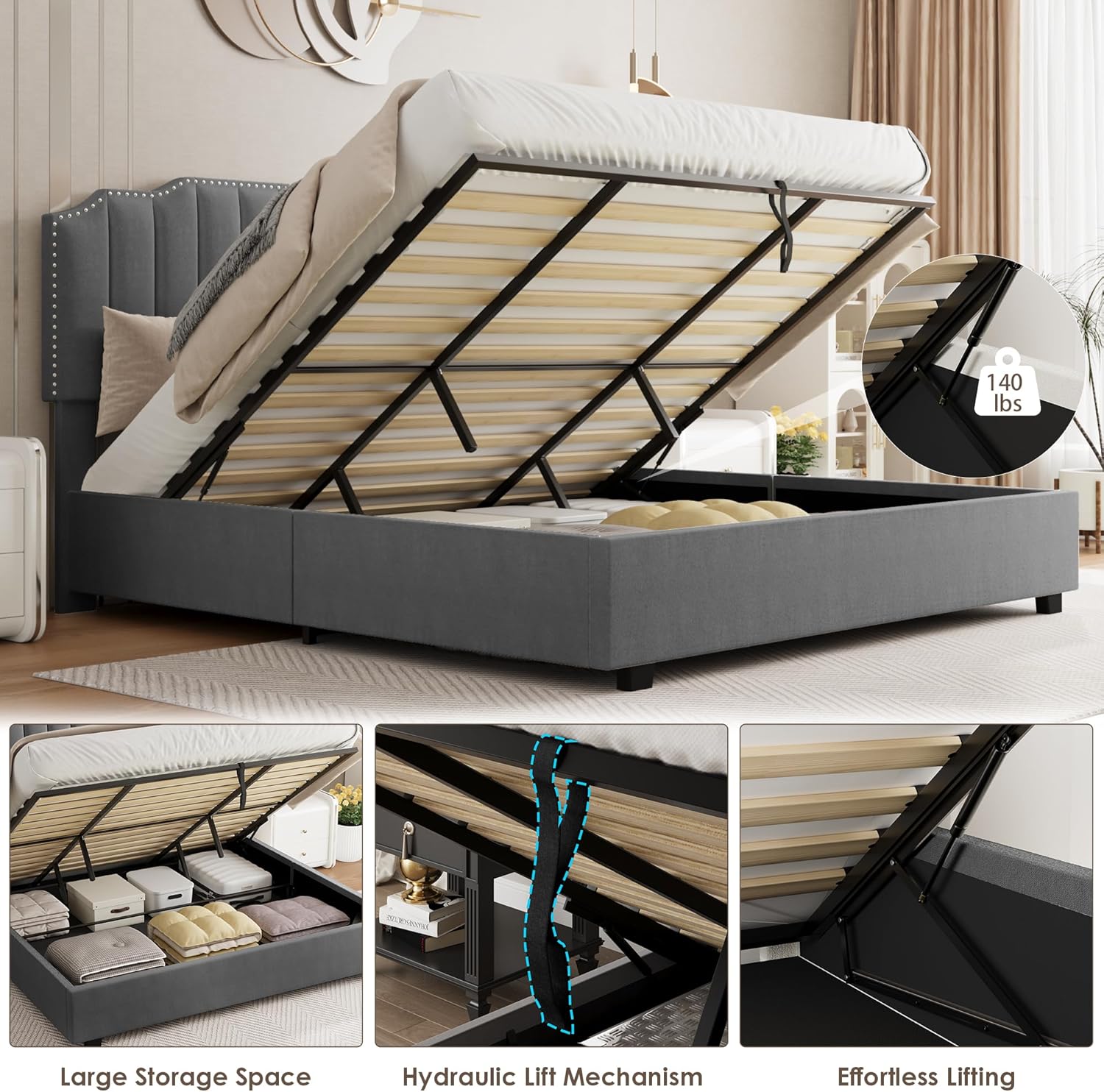Harper & Bright Designs Cama de plataforma Queen con almacenamiento elevable, marco de cama de almacenamiento tapizado de terciopelo con cabecera y
