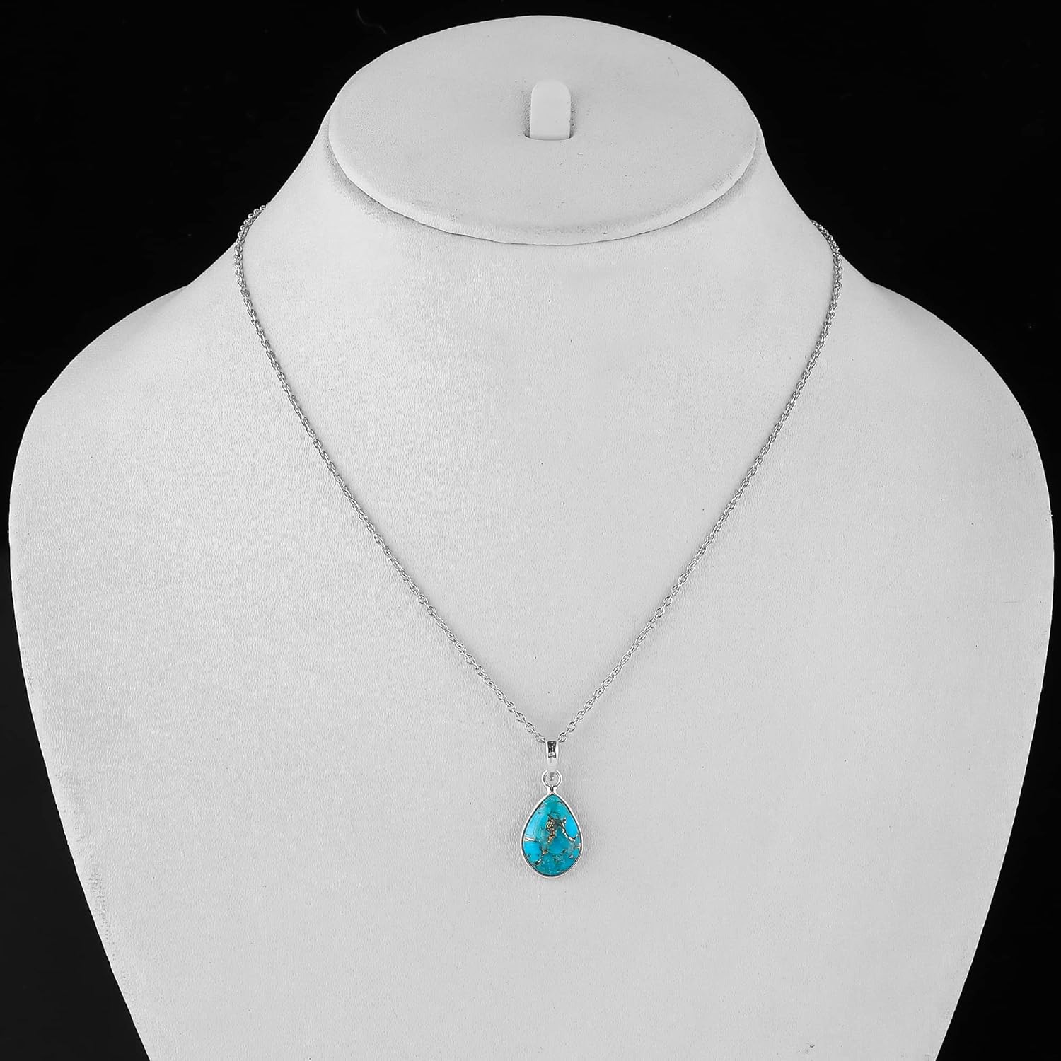 Solid 925 Sterling Silver Necklace – Natural Blue Turquoise Gemstone Bezel Pendant – Designer Boho – Handmade – Elegant Jewelry – Minimalist – Gift