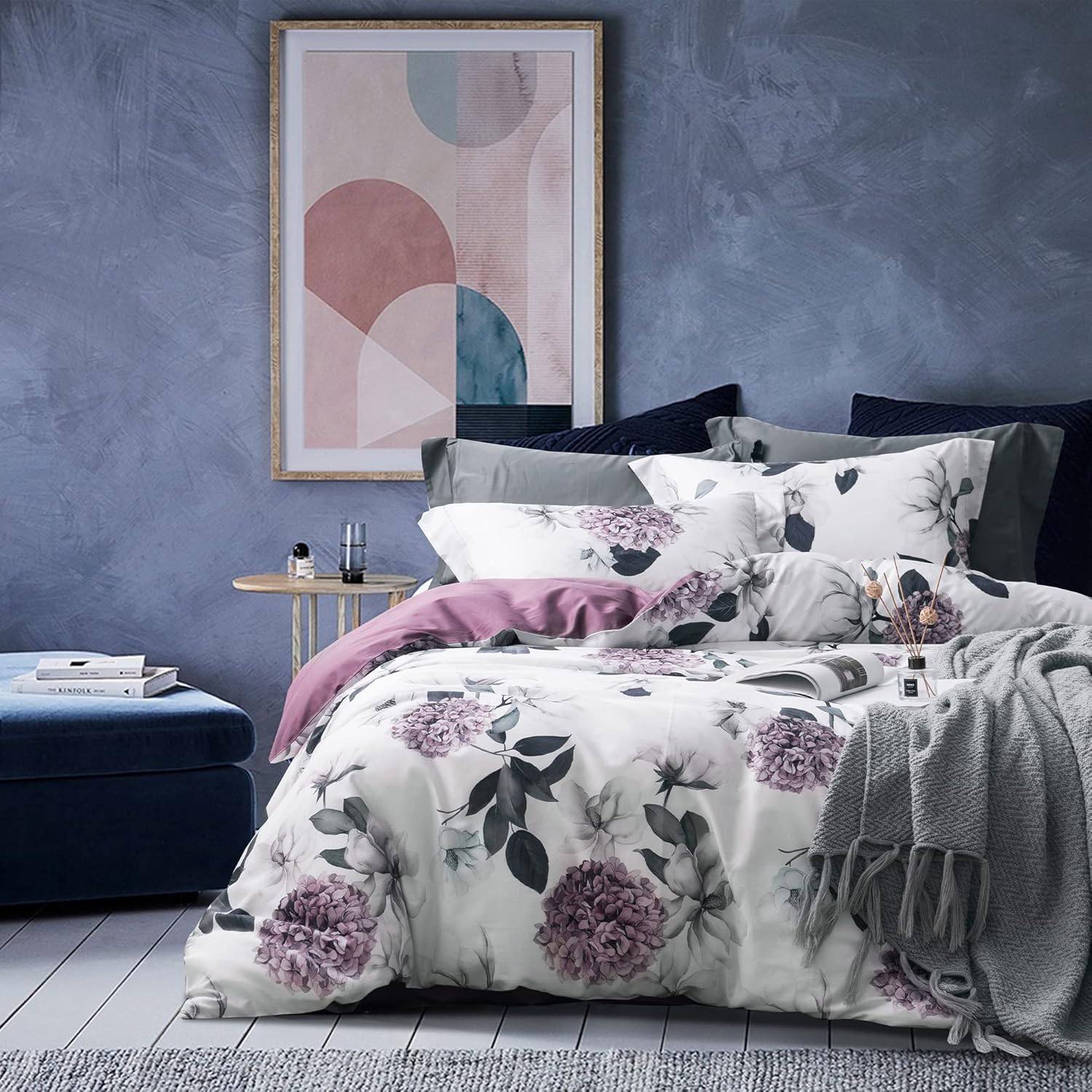 MILDLY Juego de funda de edredón 100% algodón lavado, juego de funda de edredón floral de hortensias moradas, juego de ropa de cama con cierre de