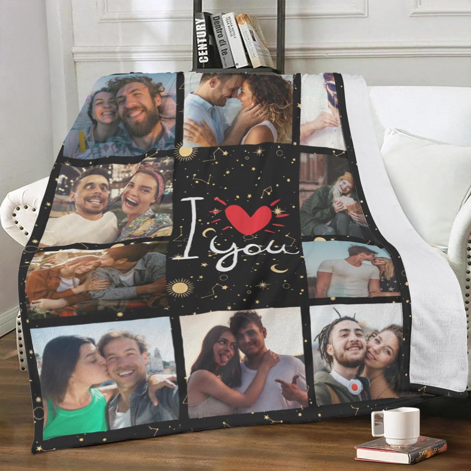 Qillnyy Manta de fotos personalizada para parejas, regalos conmemorativos personalizados con texto en inglés “I Love You”, regalos personalizados